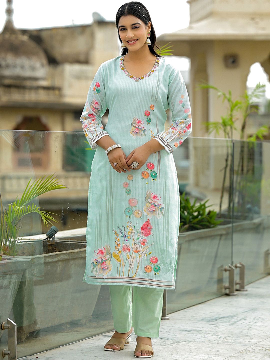 Label Khoj Women Lilen Print Kurta, Trouser And Dupptta Set Linen Green Color