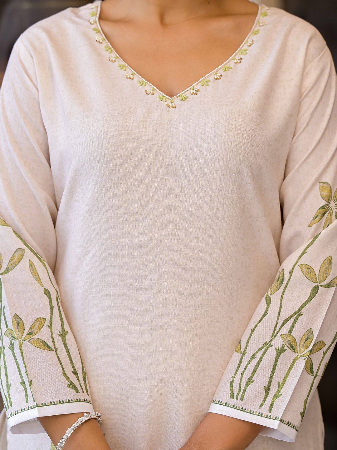 Label Khoj Women Lilen Print Kurta, Trouser And Dupptta Set Linen Cream Color