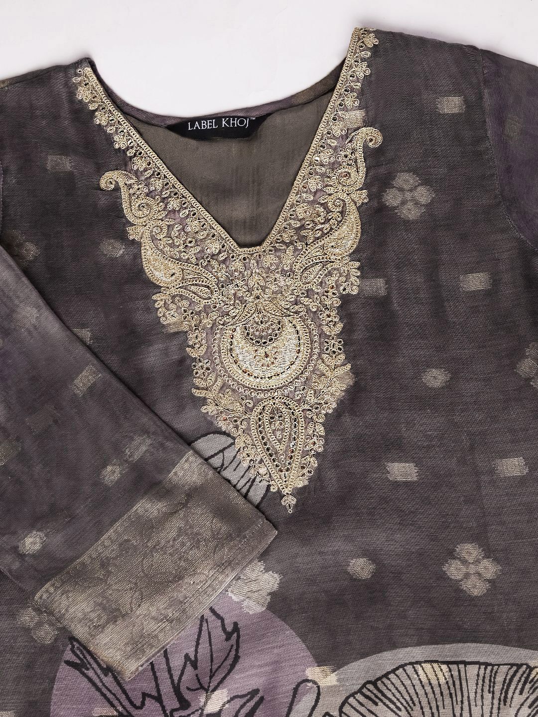 Label Khoj Women Silk Jacqured  Embroidery  Work Grey Color Kurta & Bottom With Dupatta  Set