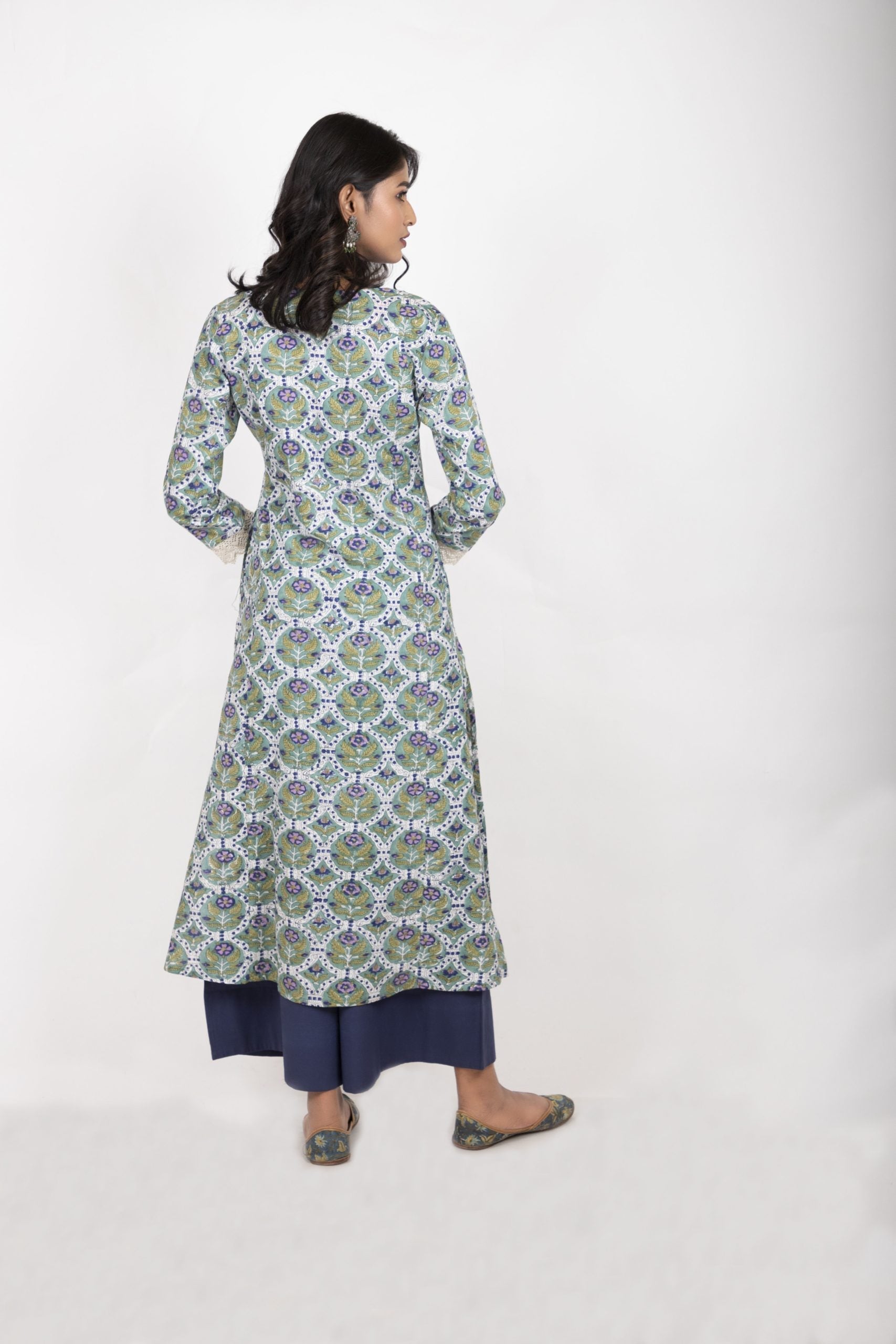 Pessian Green with a Combination of Azure Blue Handblock Printed Kurta