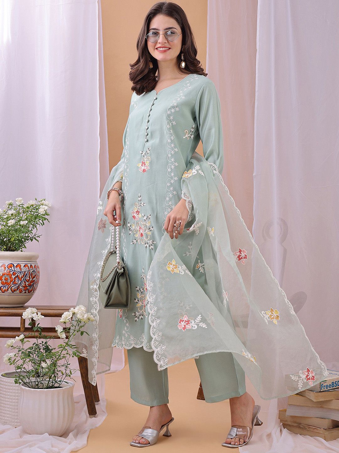 Label Khoj Women's Pista Silk Blend Thread Work Kurta with Pant and Pista Dupatta