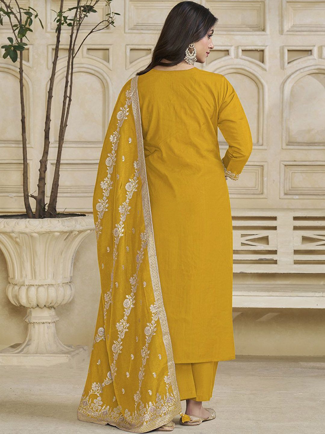 Label Khoj Women Roman Silk Embroidery  Work Yellow Color Kurta & Bottom With Dupatta  Set