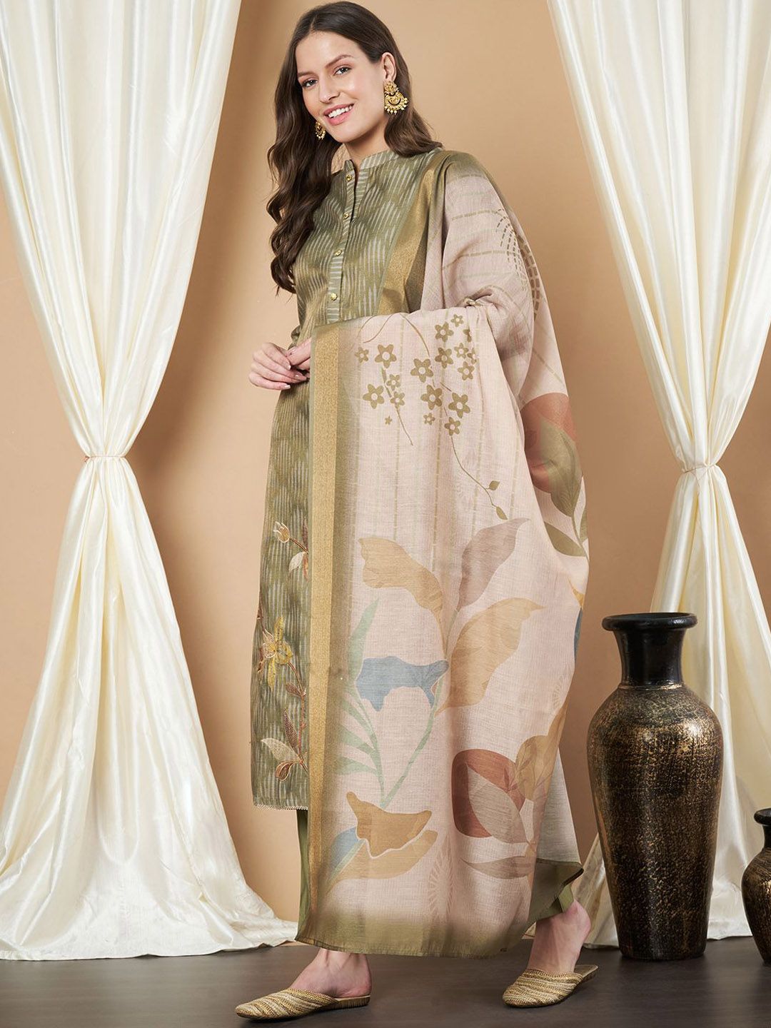 Label Khoj Women's Green Chanderi Button Embellished Kurta with Pant and Green Dupatta
