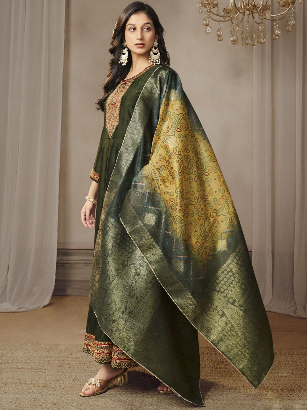 Label khoj Beautiful Anarkali kurta With Pant and Dupatta Set mahndi Color