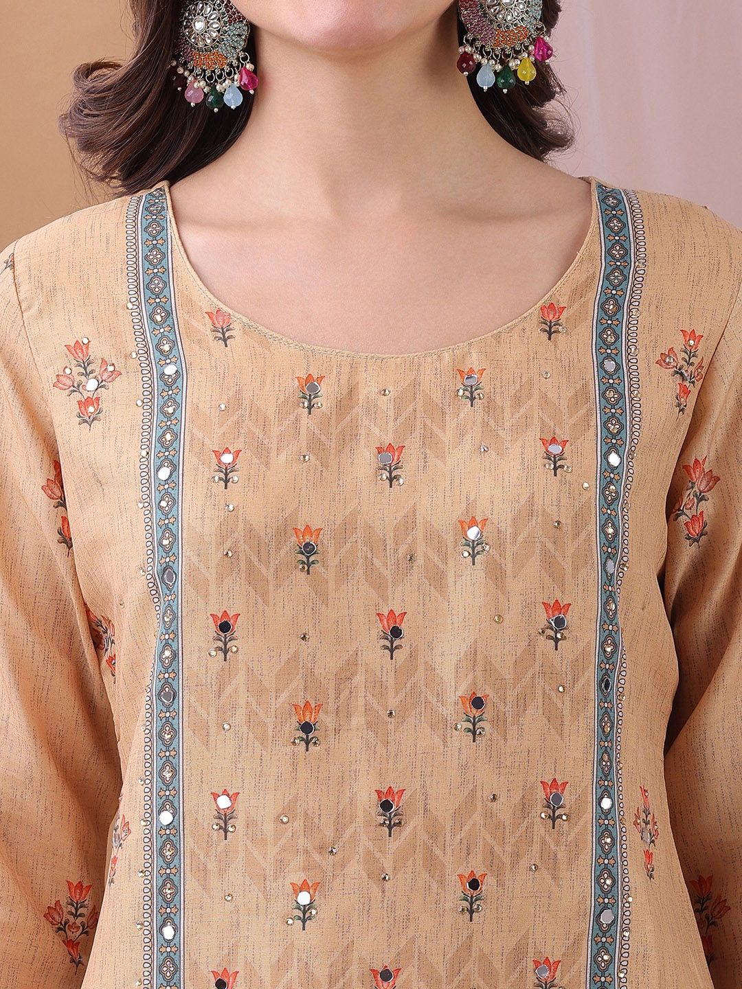 Label Khoj Women's Beige Silk Blend Handwork Kurta with Pant and Beige Dupatta