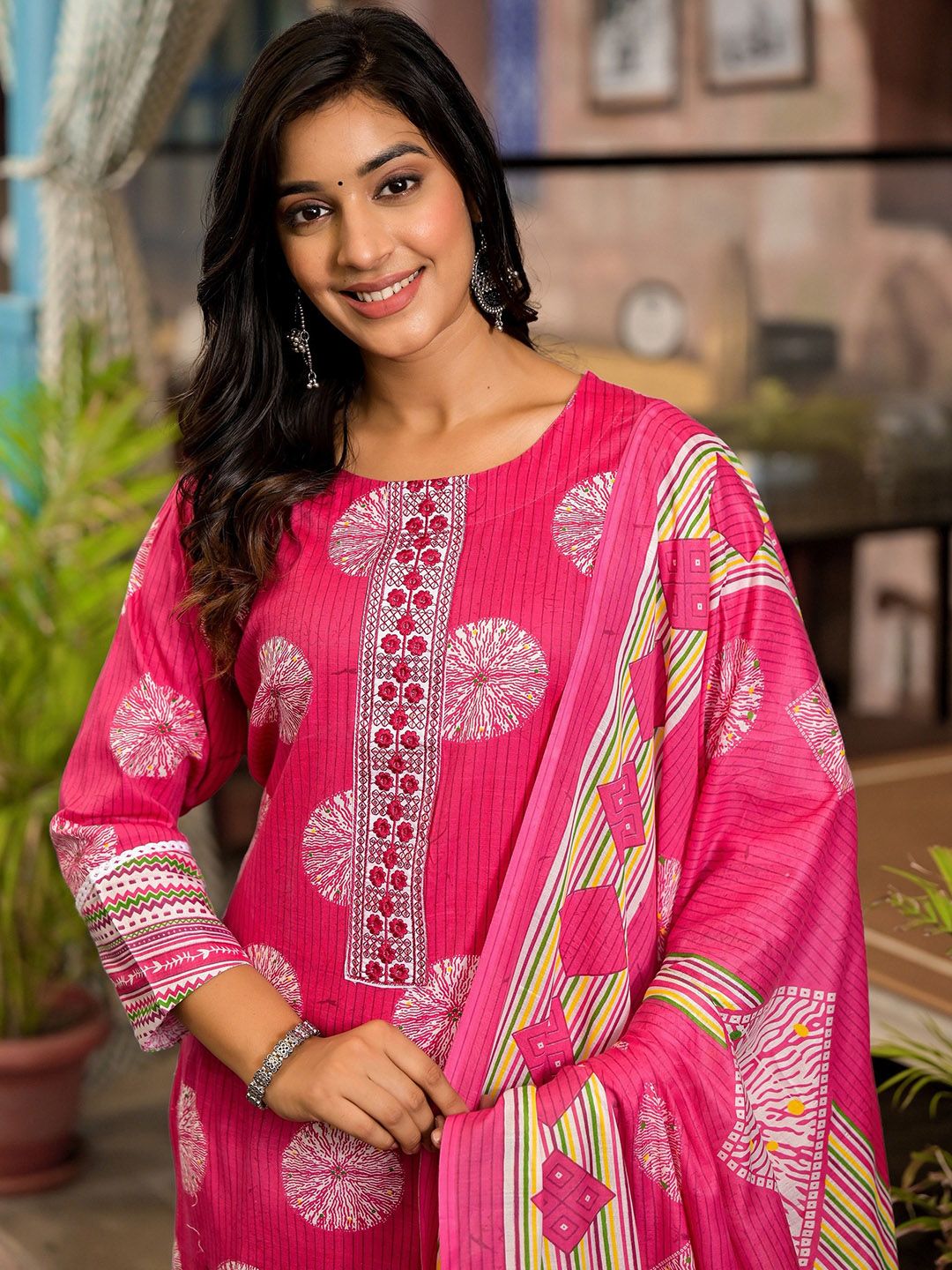 Label Khoj Women Cotton Printed Kurta And Trouser With Dupptta Set Cotton Pink Color