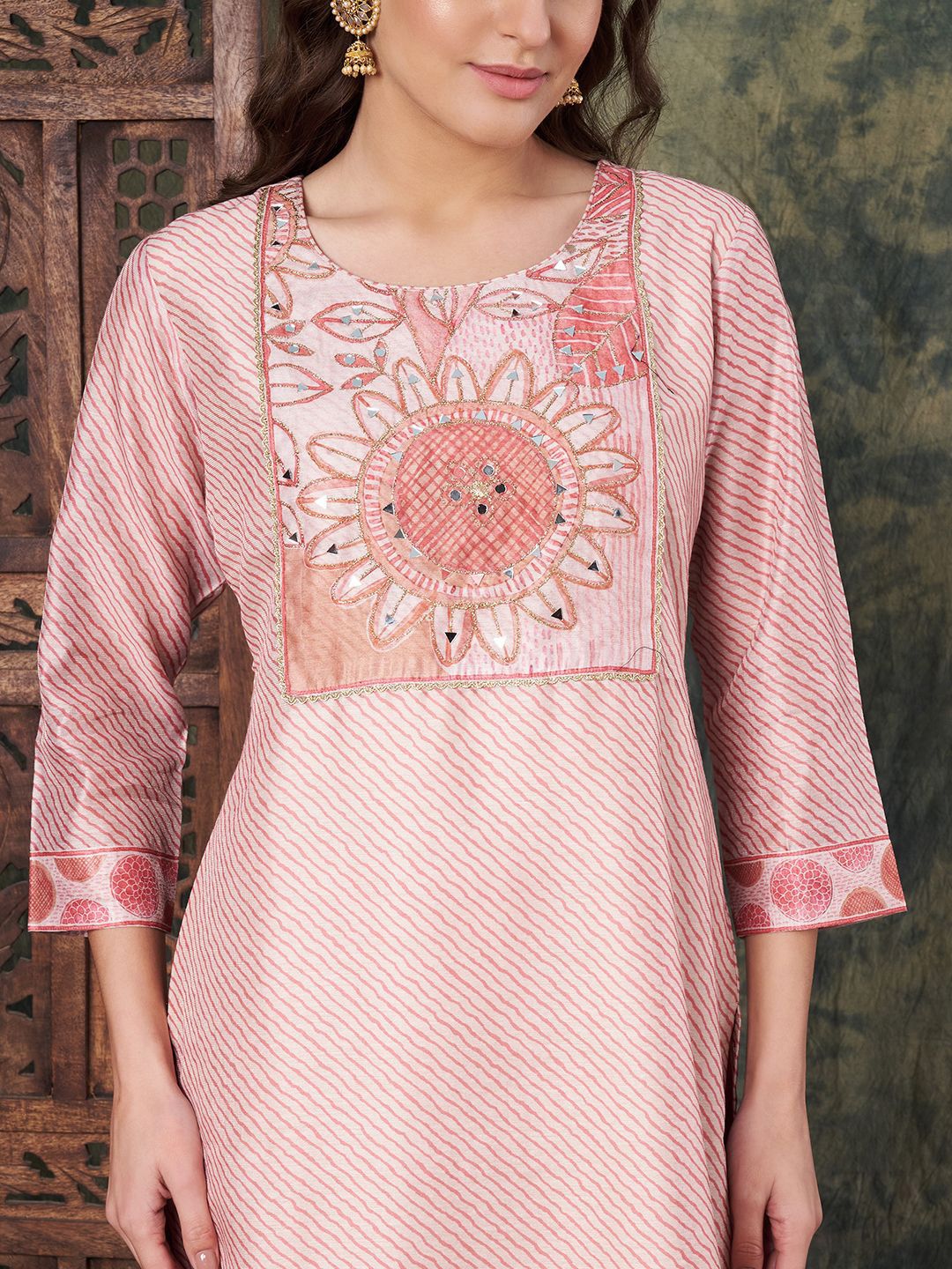 Label Khoj Women's Peach Chanderi Embroidered Kurta with Pant and Peach Dupatta