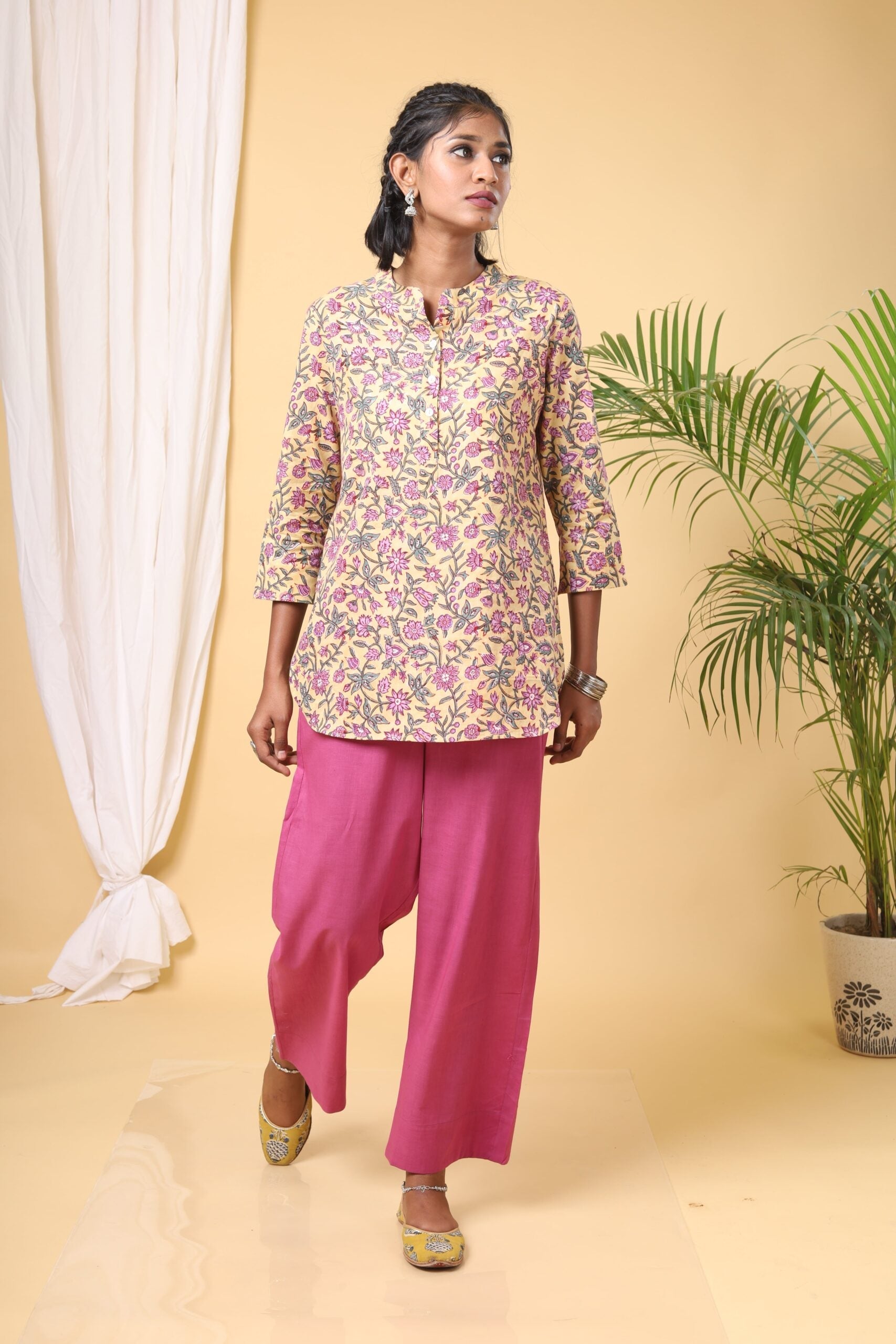 Lemon Yellow Handblock Printed Short Kurta