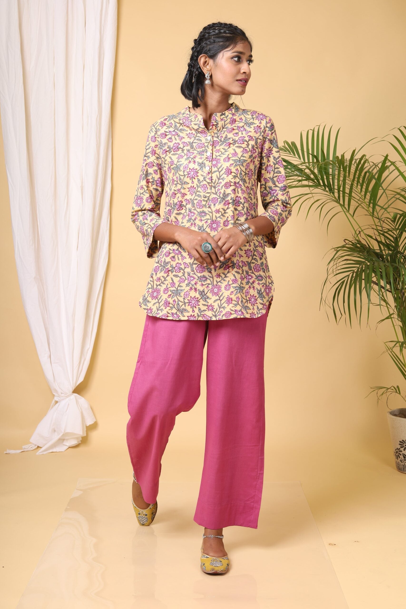 Lemon Yellow Handblock Printed Short Kurta