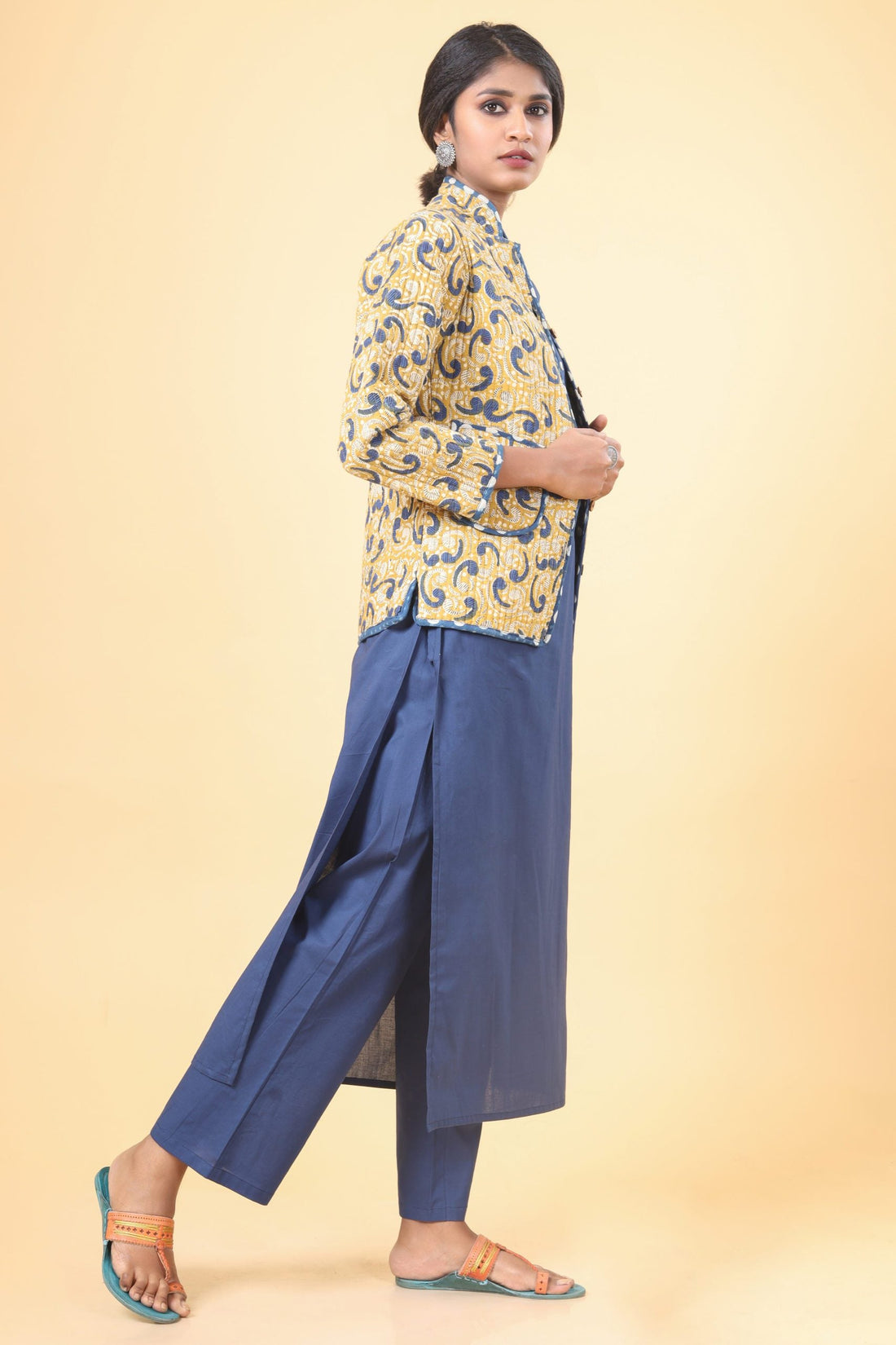 Canary Yellow With Indigo Short Cotton Quilted Jacket