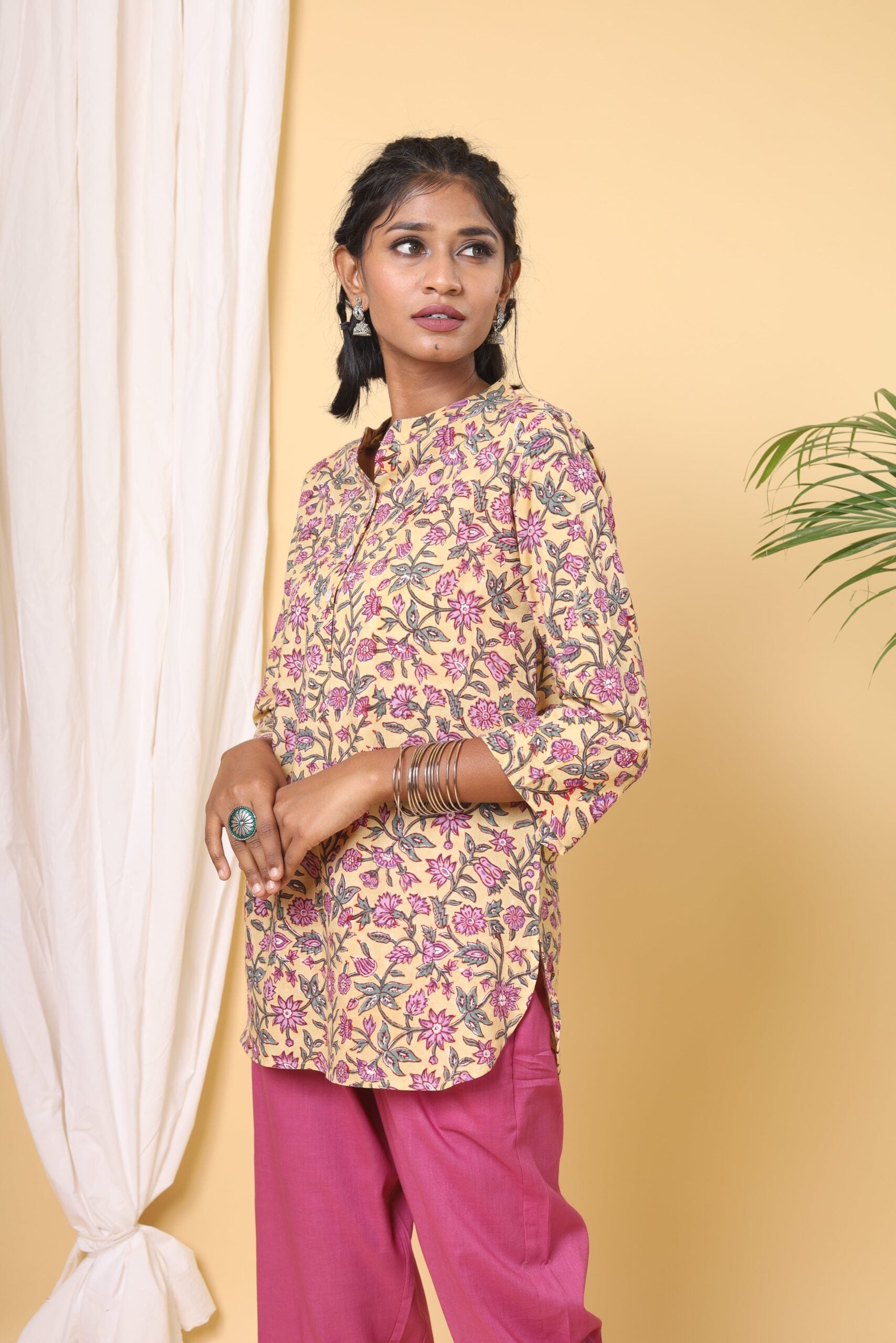Lemon Yellow Handblock Printed Short Kurta