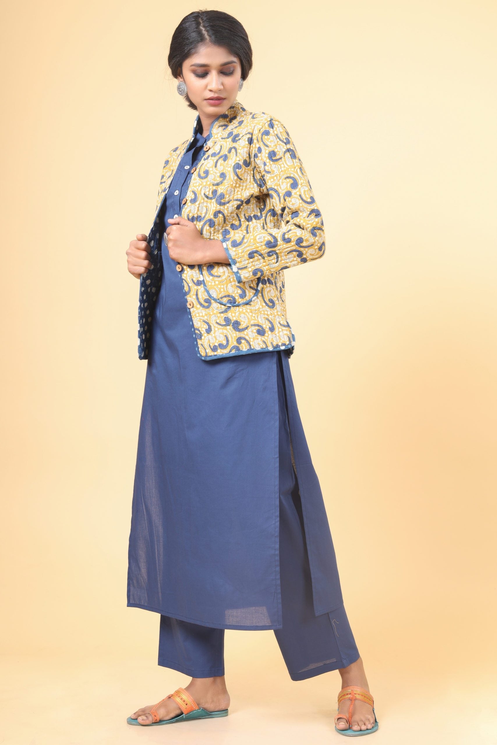 Canary Yellow With Indigo Short Cotton Quilted Jacket