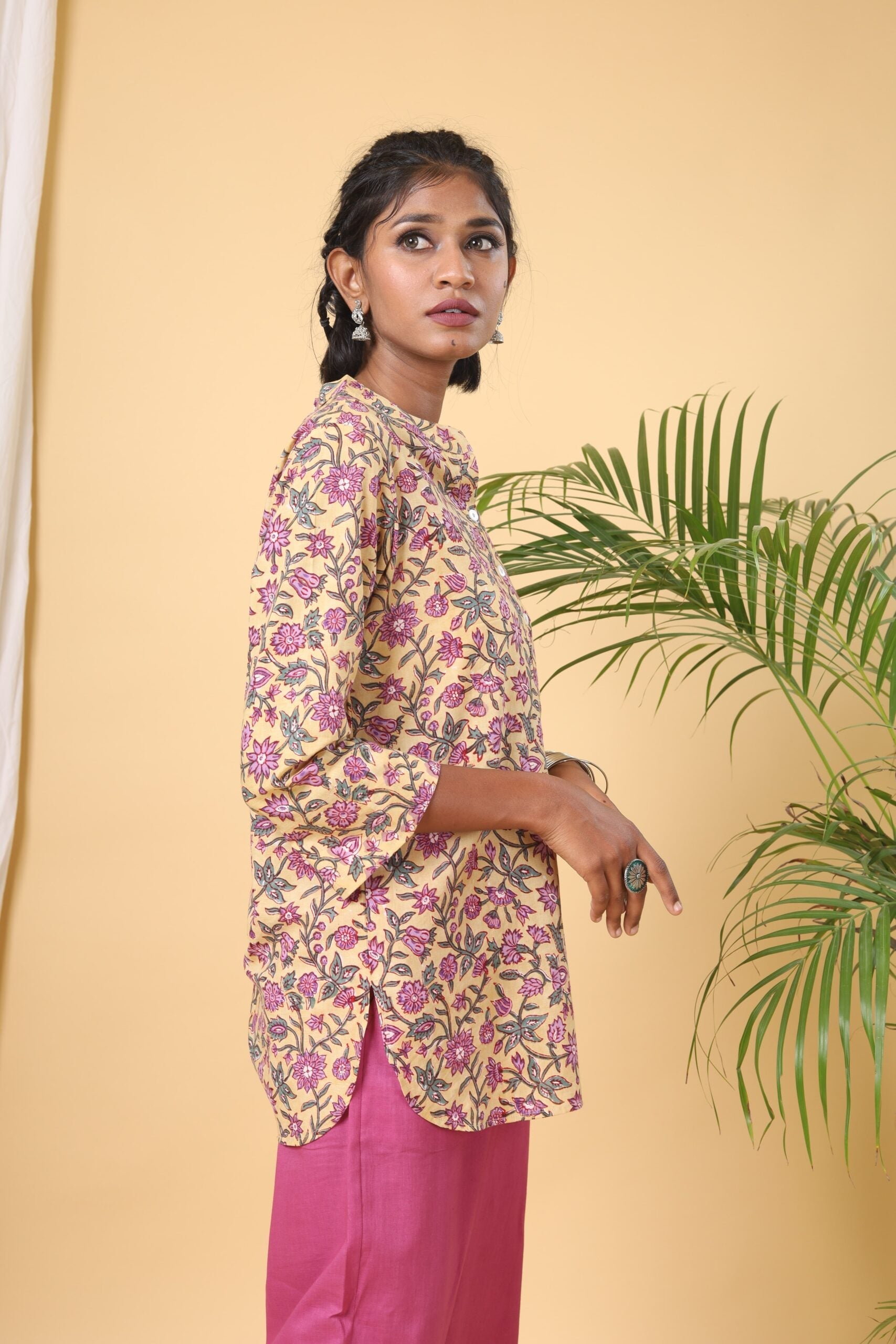 Lemon Yellow Handblock Printed Short Kurta