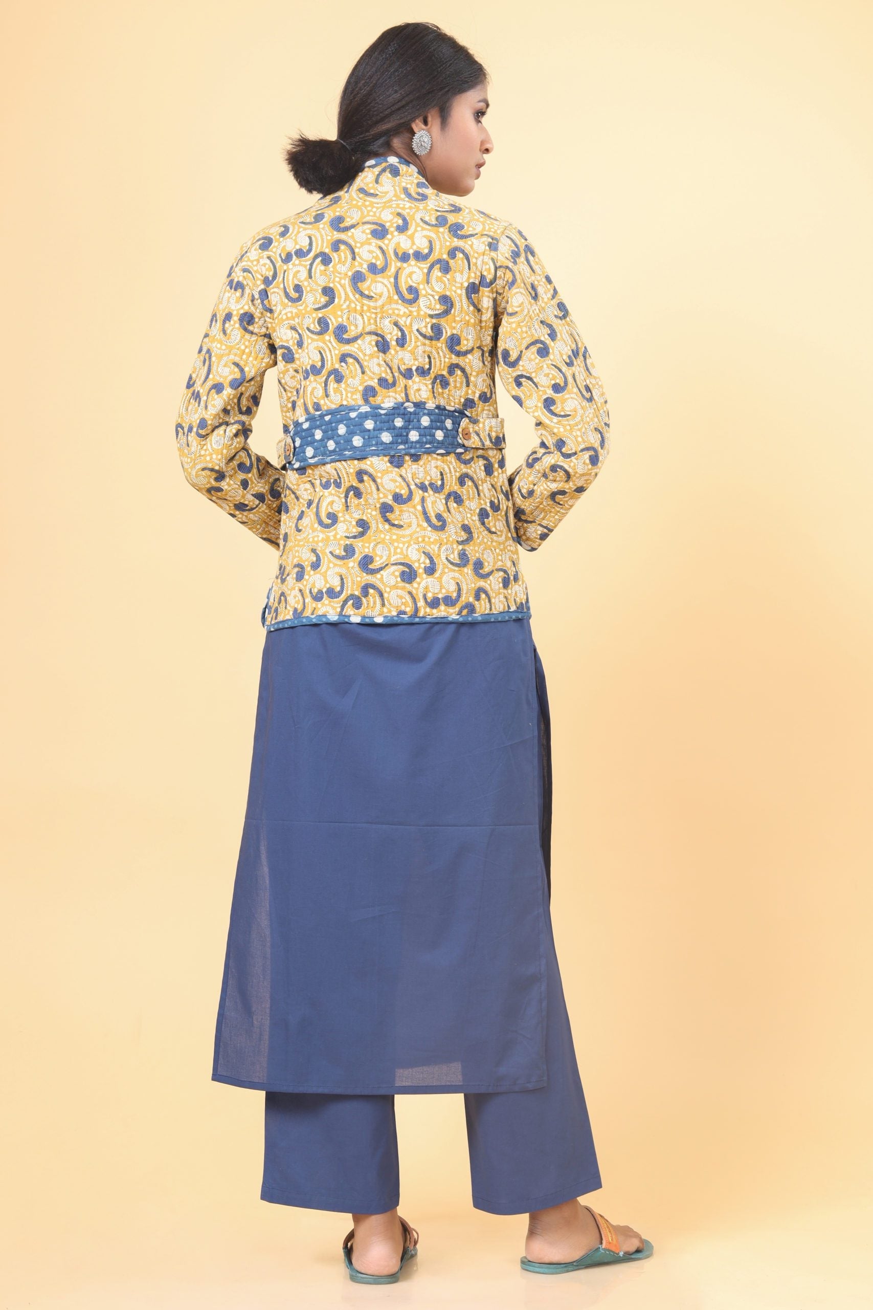 Canary Yellow With Indigo Short Cotton Quilted Jacket