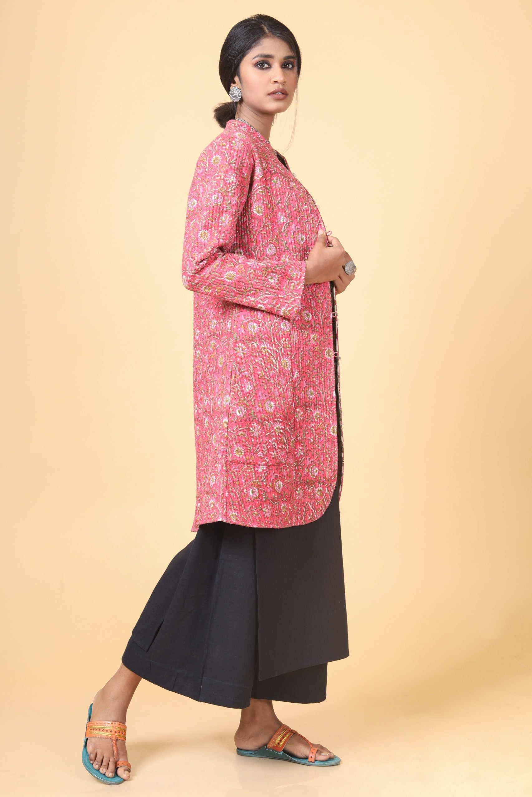 Punch Pink With Grass Green Cotton Quilted Jacket