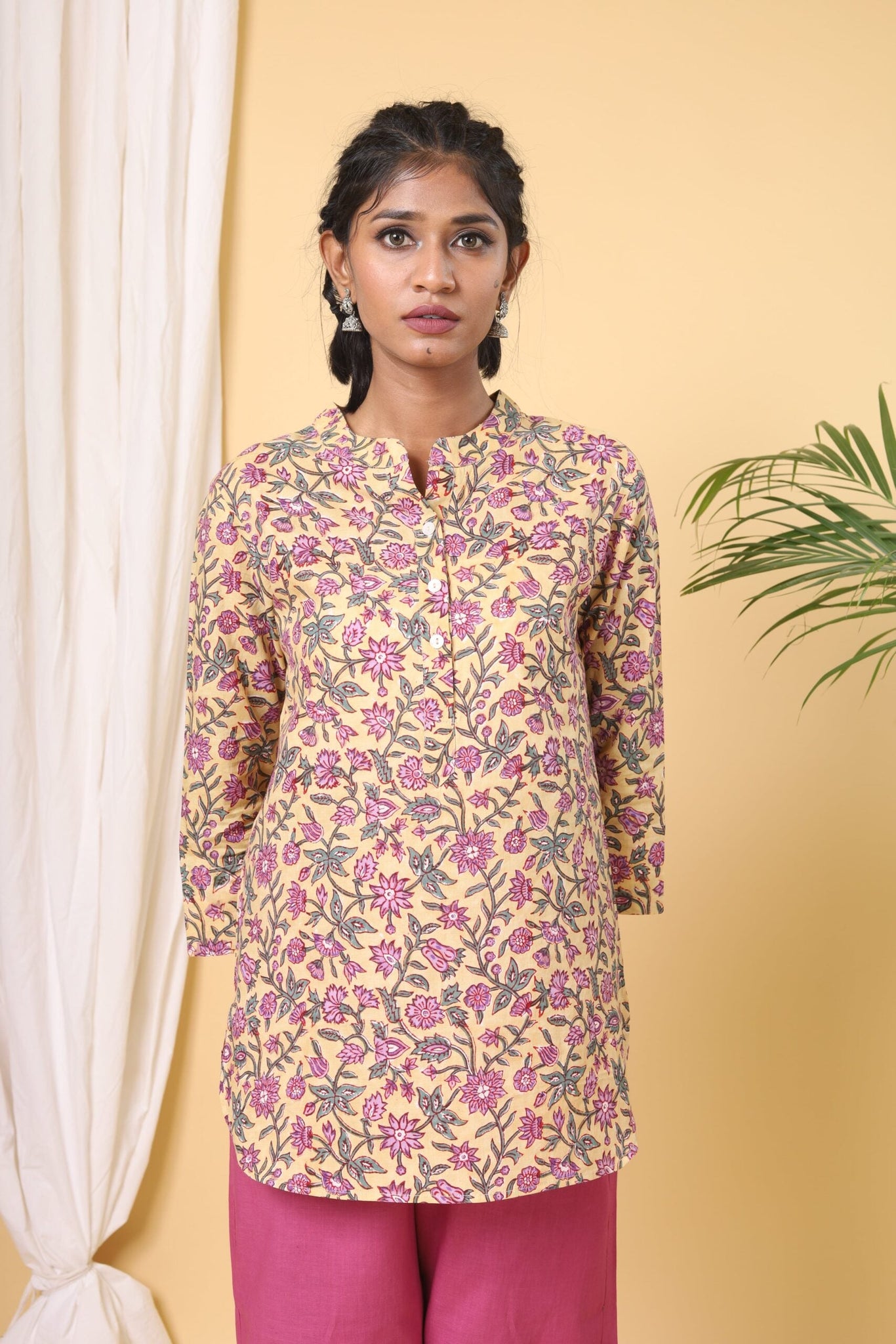 Lemon Yellow Handblock Printed Short Kurta