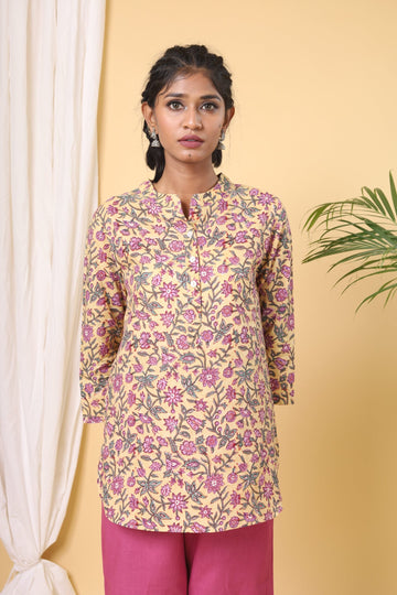 Lemon Yellow Handblock Printed Short Kurta