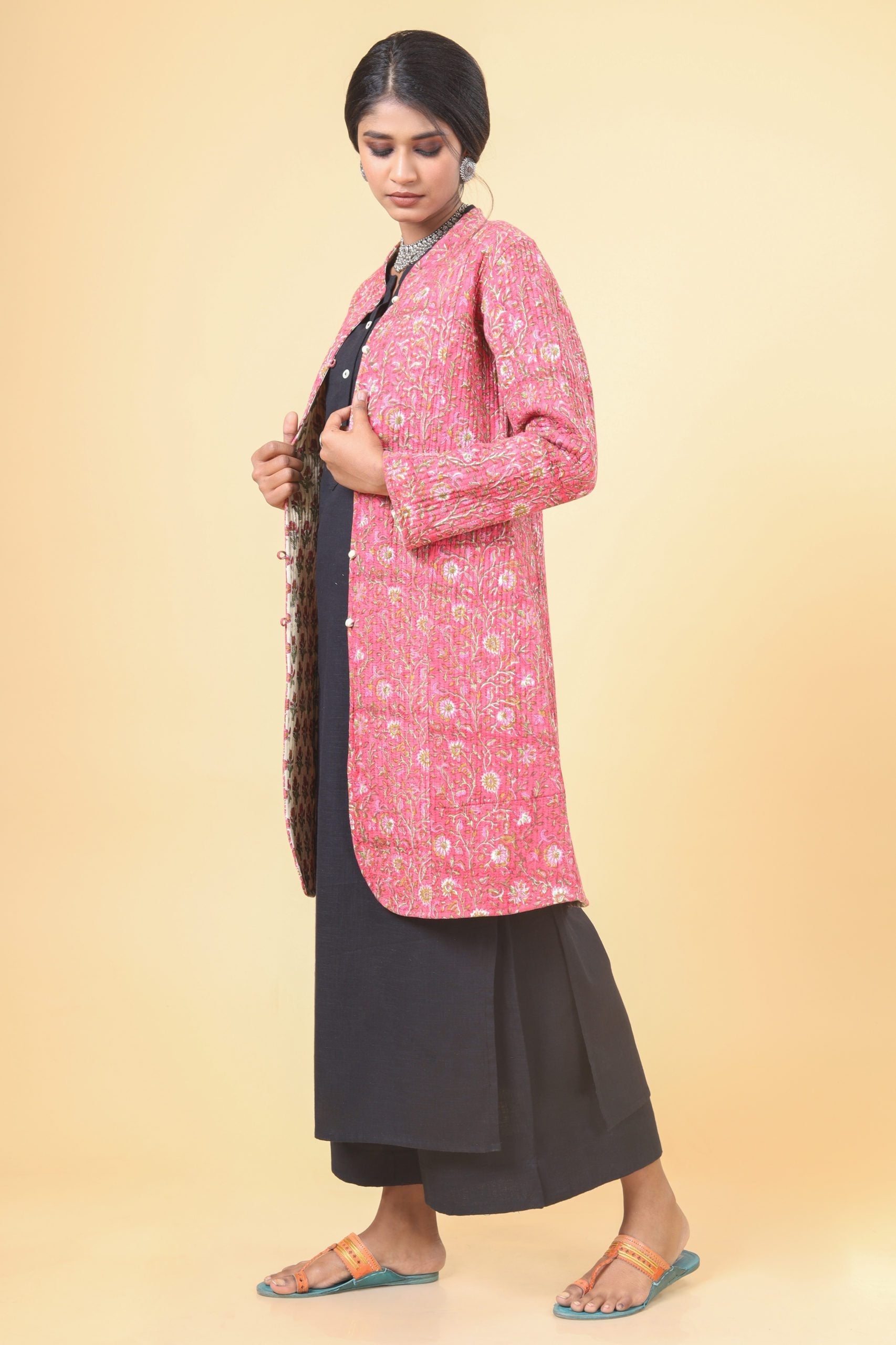 Punch Pink With Grass Green Cotton Quilted Jacket
