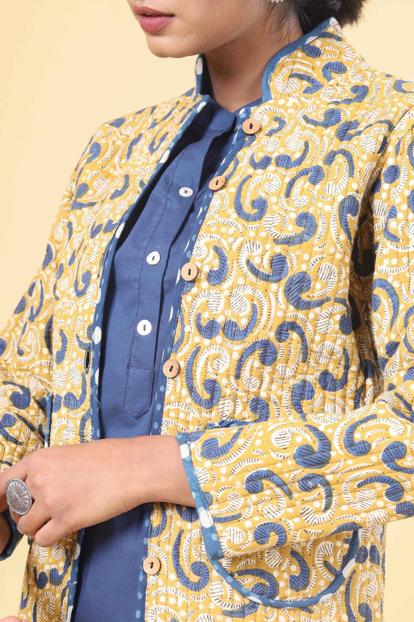 Canary Yellow With Indigo Short Cotton Quilted Jacket