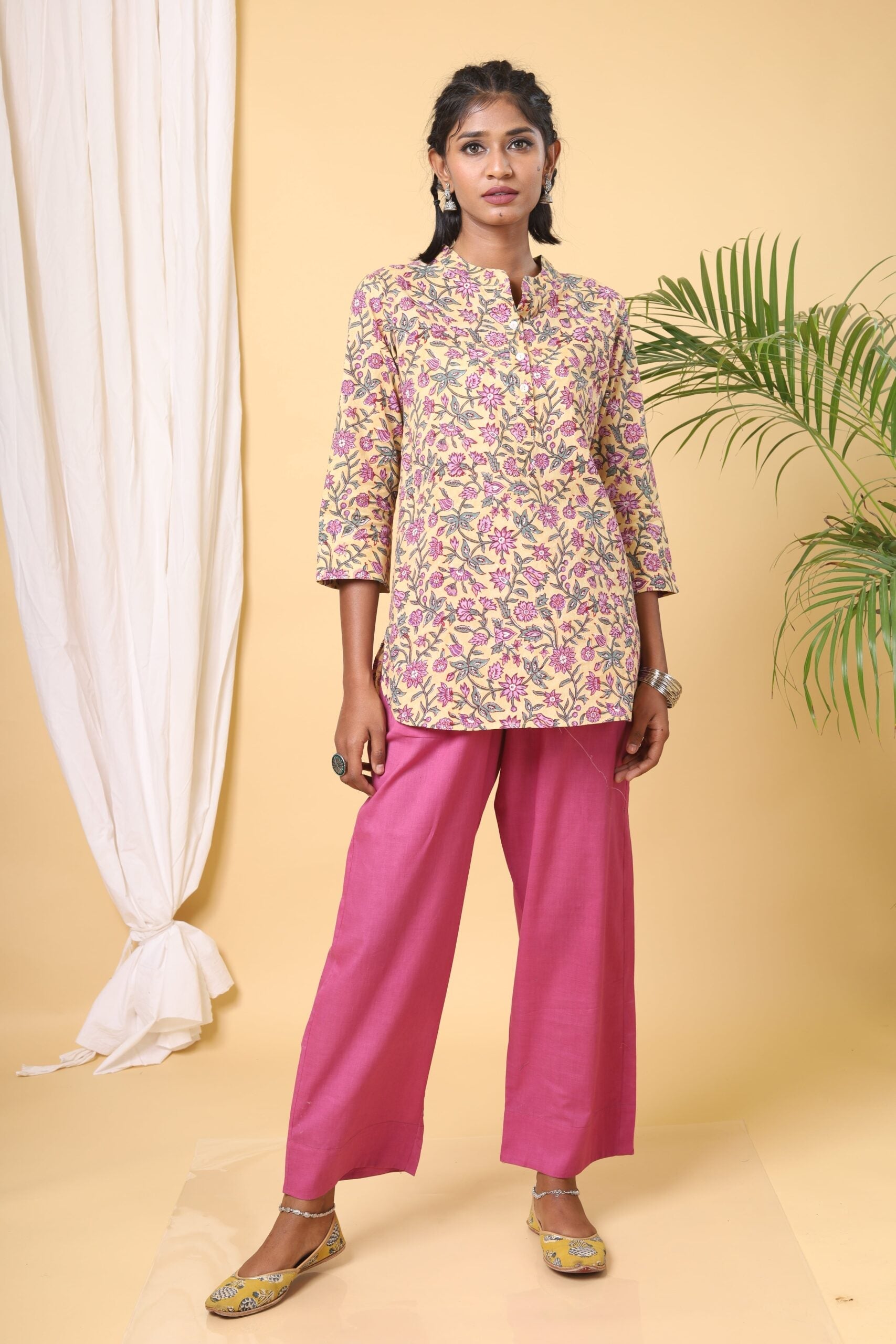 Lemon Yellow Handblock Printed Short Kurta