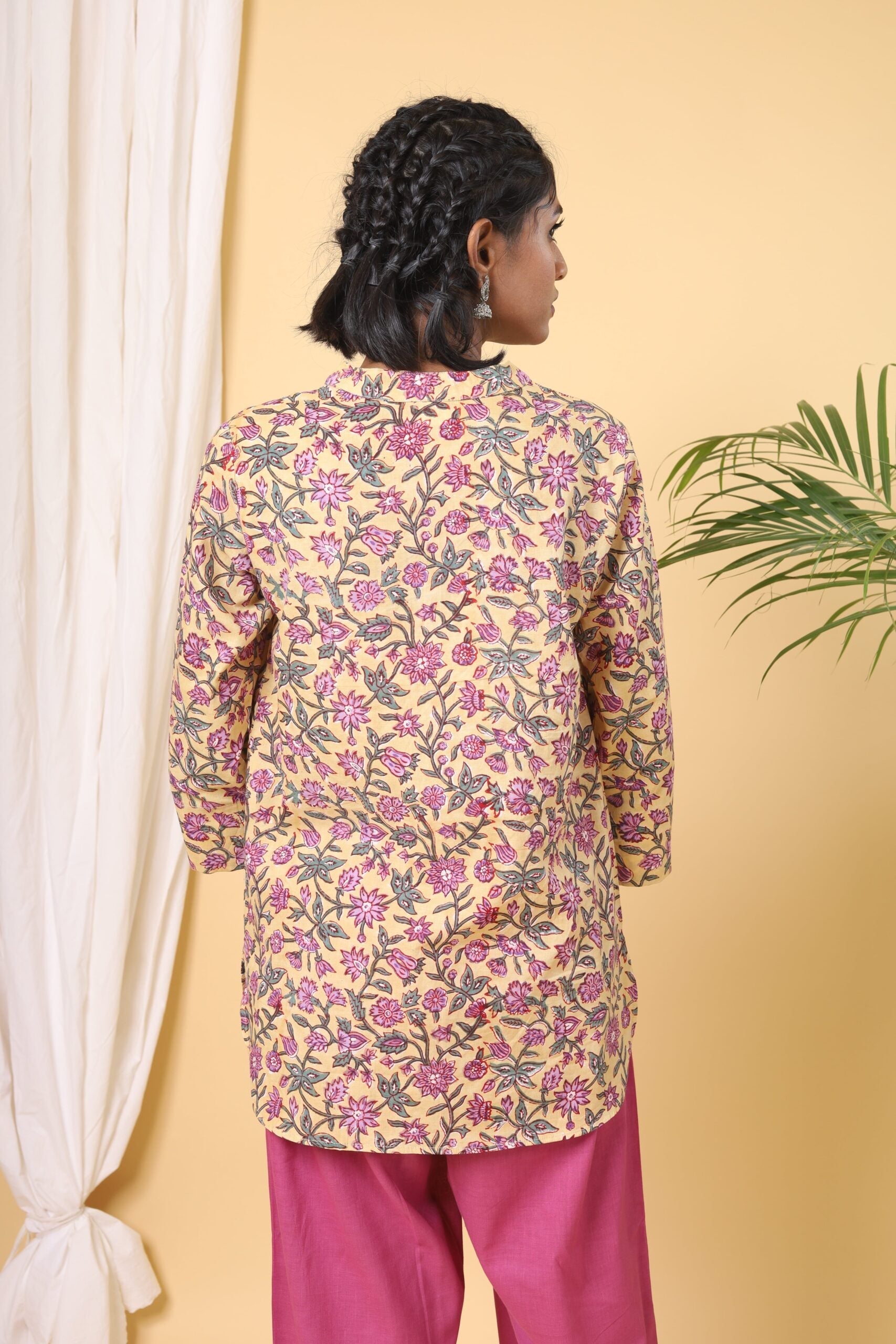 Lemon Yellow Handblock Printed Short Kurta
