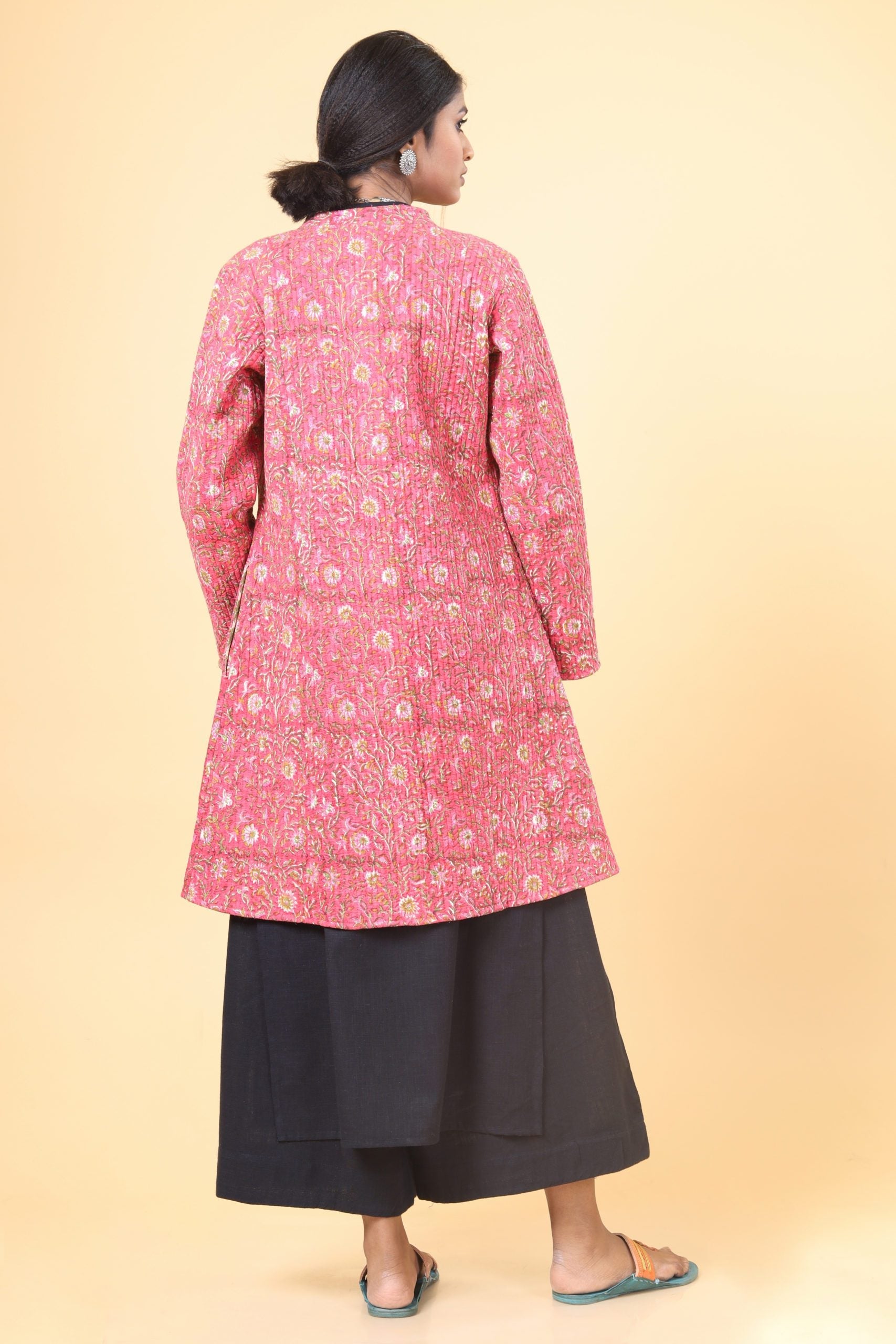 Punch Pink With Grass Green Cotton Quilted Jacket