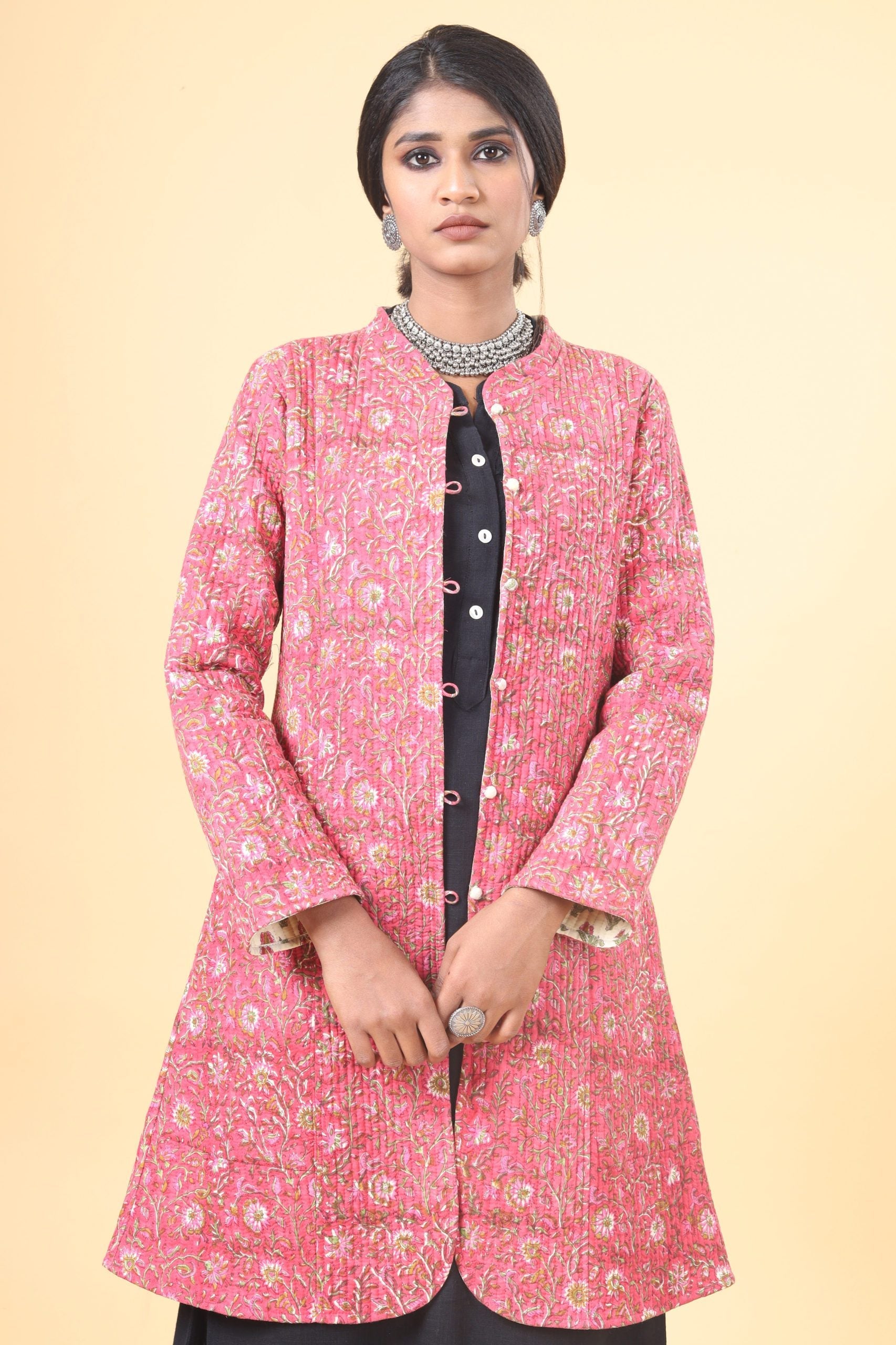 Punch Pink With Grass Green Cotton Quilted Jacket