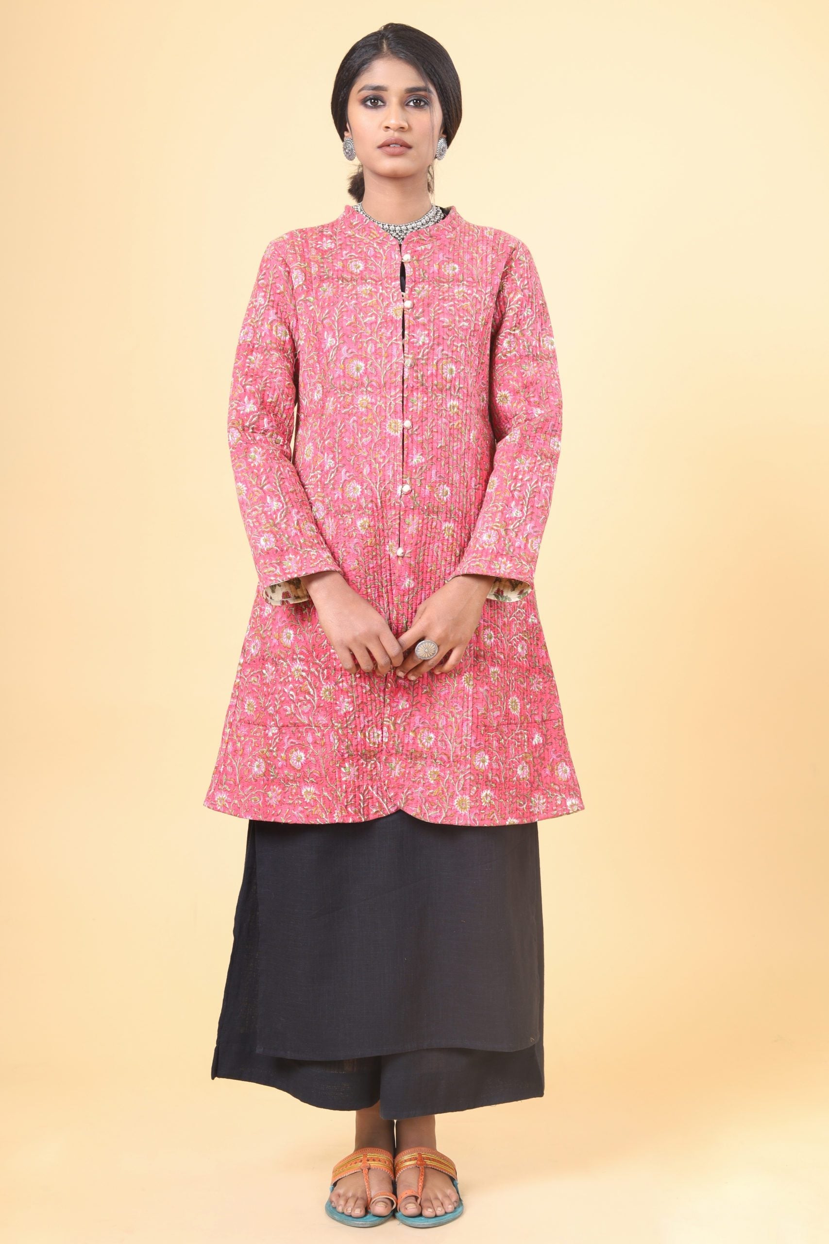 Punch Pink With Grass Green Cotton Quilted Jacket