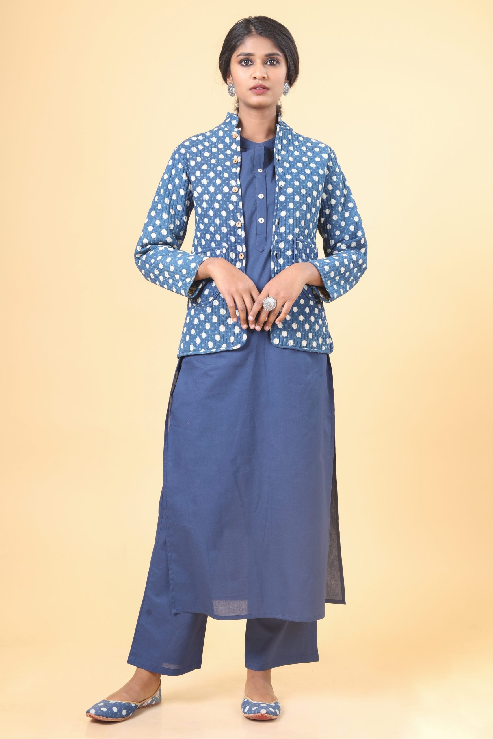 Canary Yellow With Indigo Short Cotton Quilted Jacket