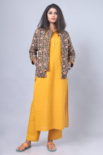 Soot Black With Honey Yellow Cotton Quilted Jacket
