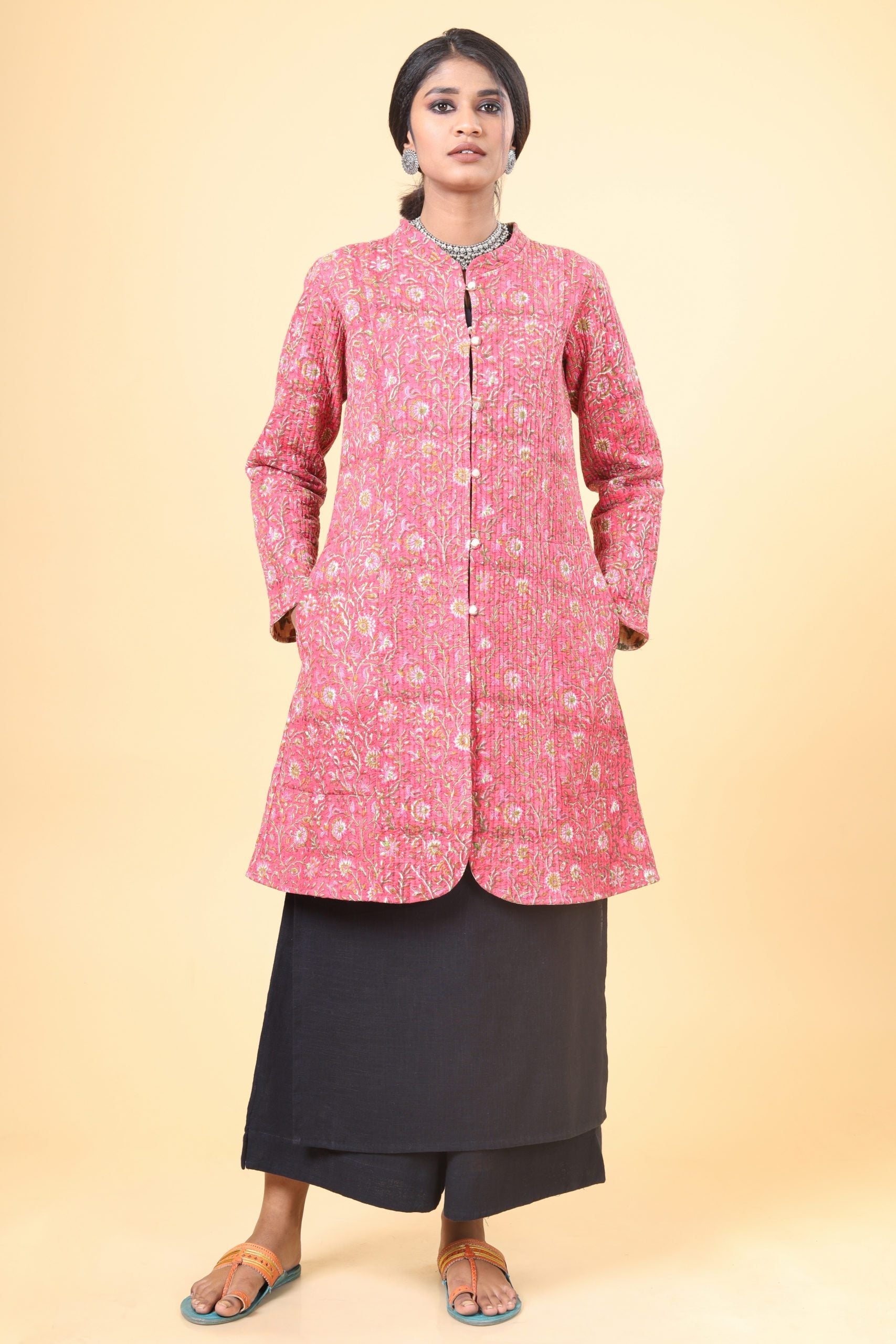 Punch Pink With Grass Green Cotton Quilted Jacket