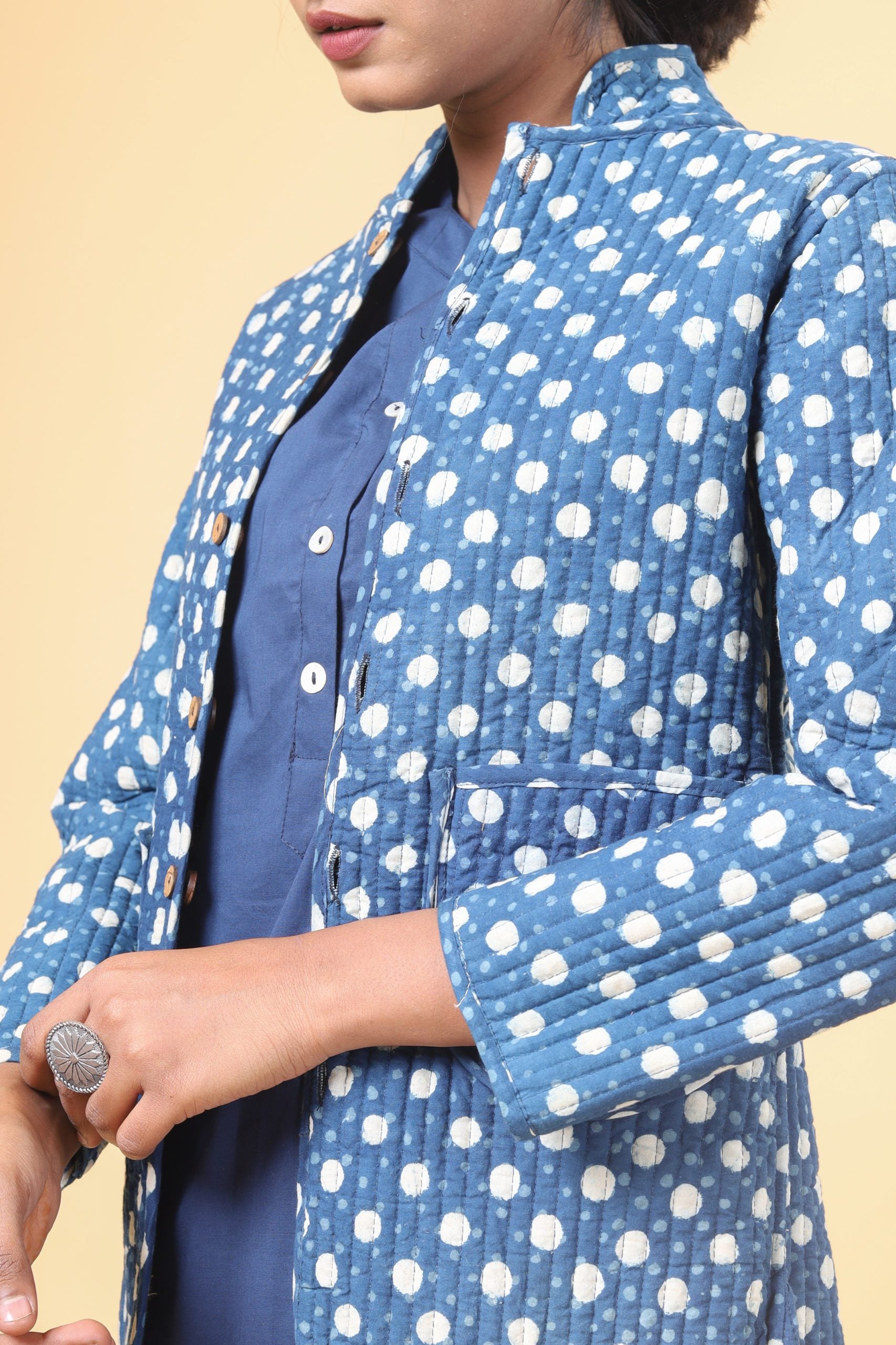 Canary Yellow With Indigo Short Cotton Quilted Jacket