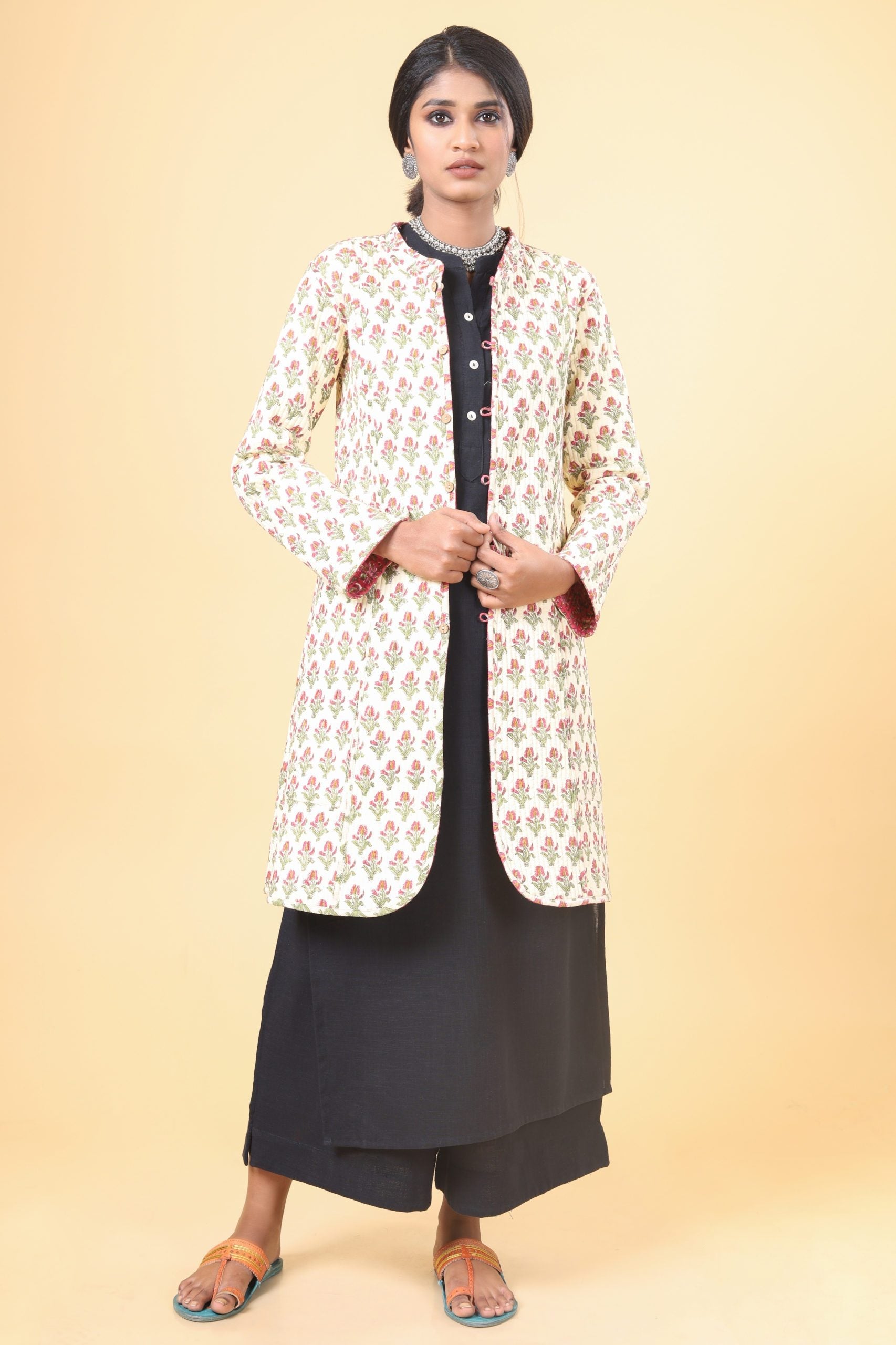 Punch Pink With Grass Green Cotton Quilted Jacket