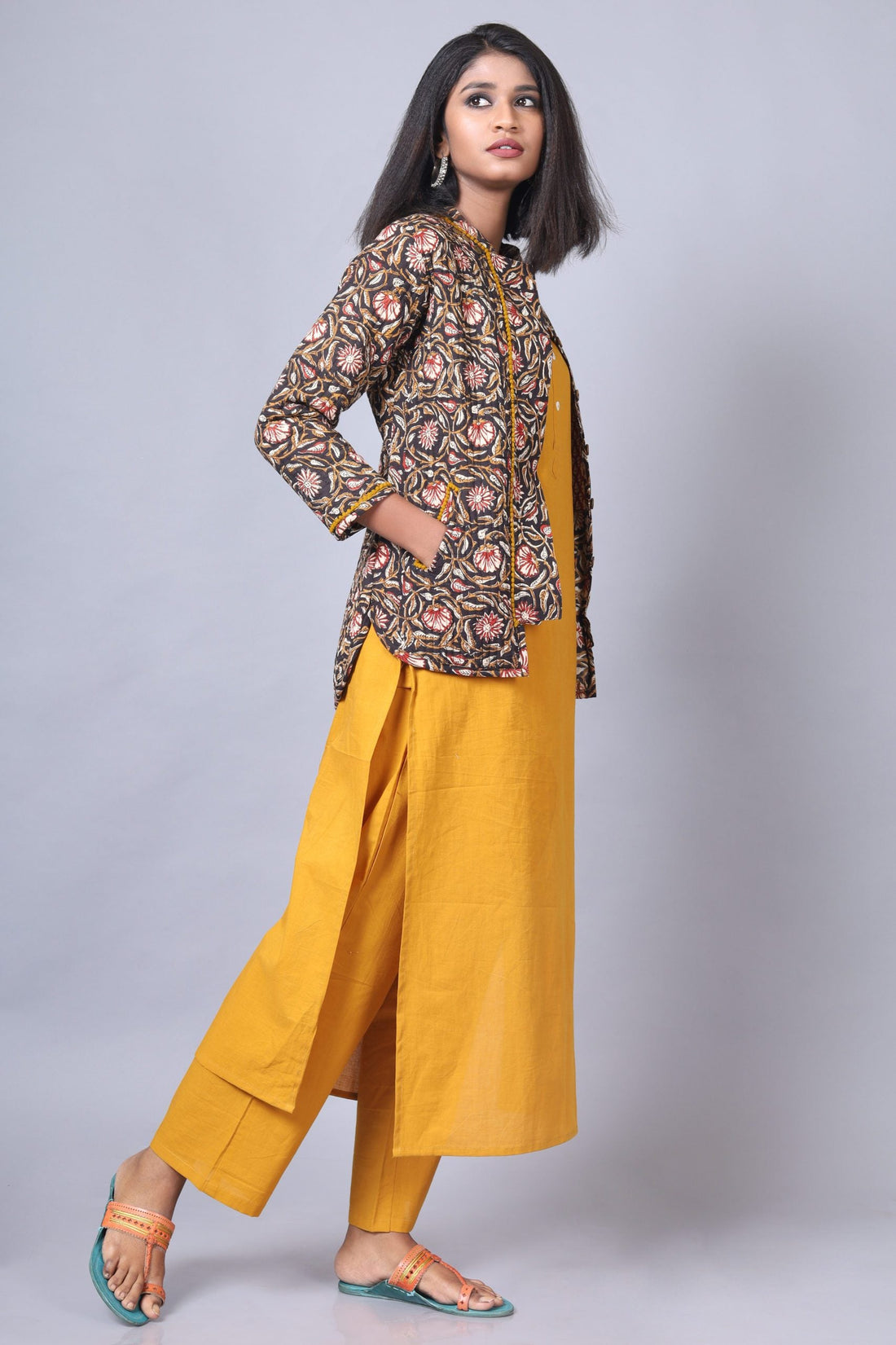 Soot Black With Honey Yellow Cotton Quilted Jacket