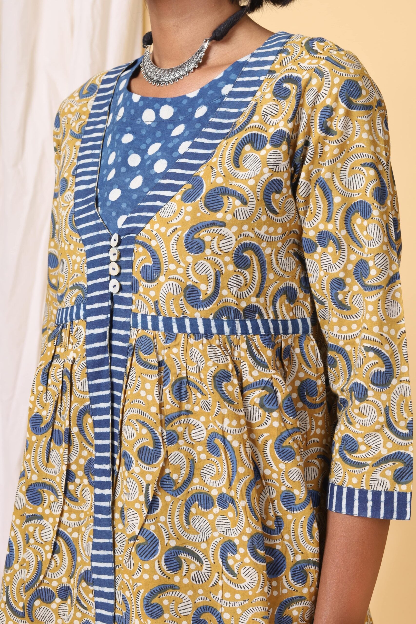 Mustard Handblock Printed Double Short Top