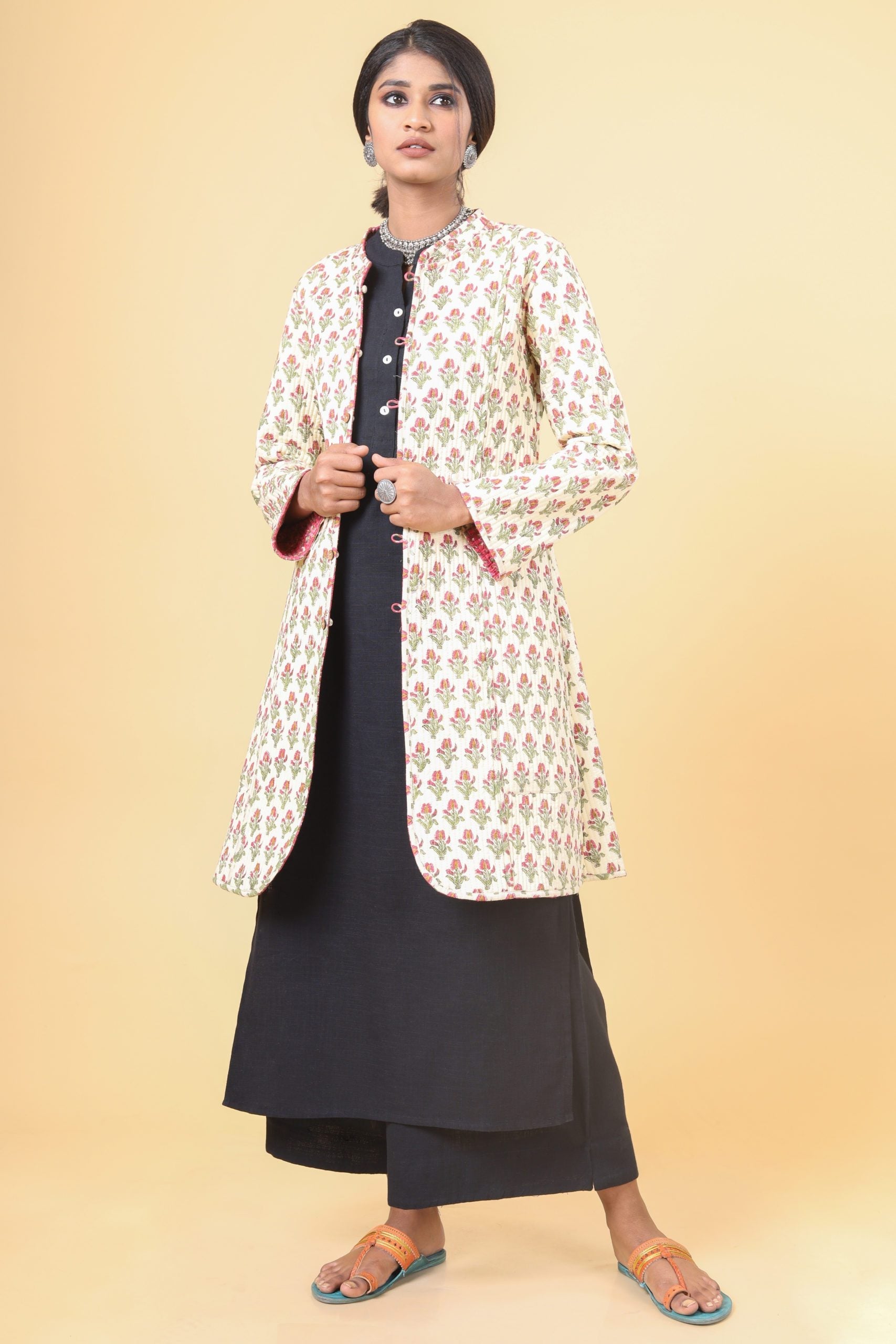 Punch Pink With Grass Green Cotton Quilted Jacket