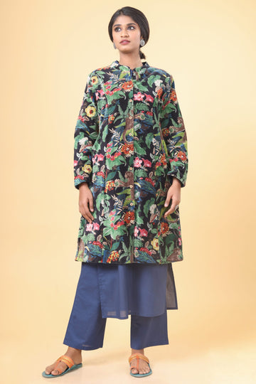 Jet Black Long Velvet Floral Forest Printed Velvet Coat