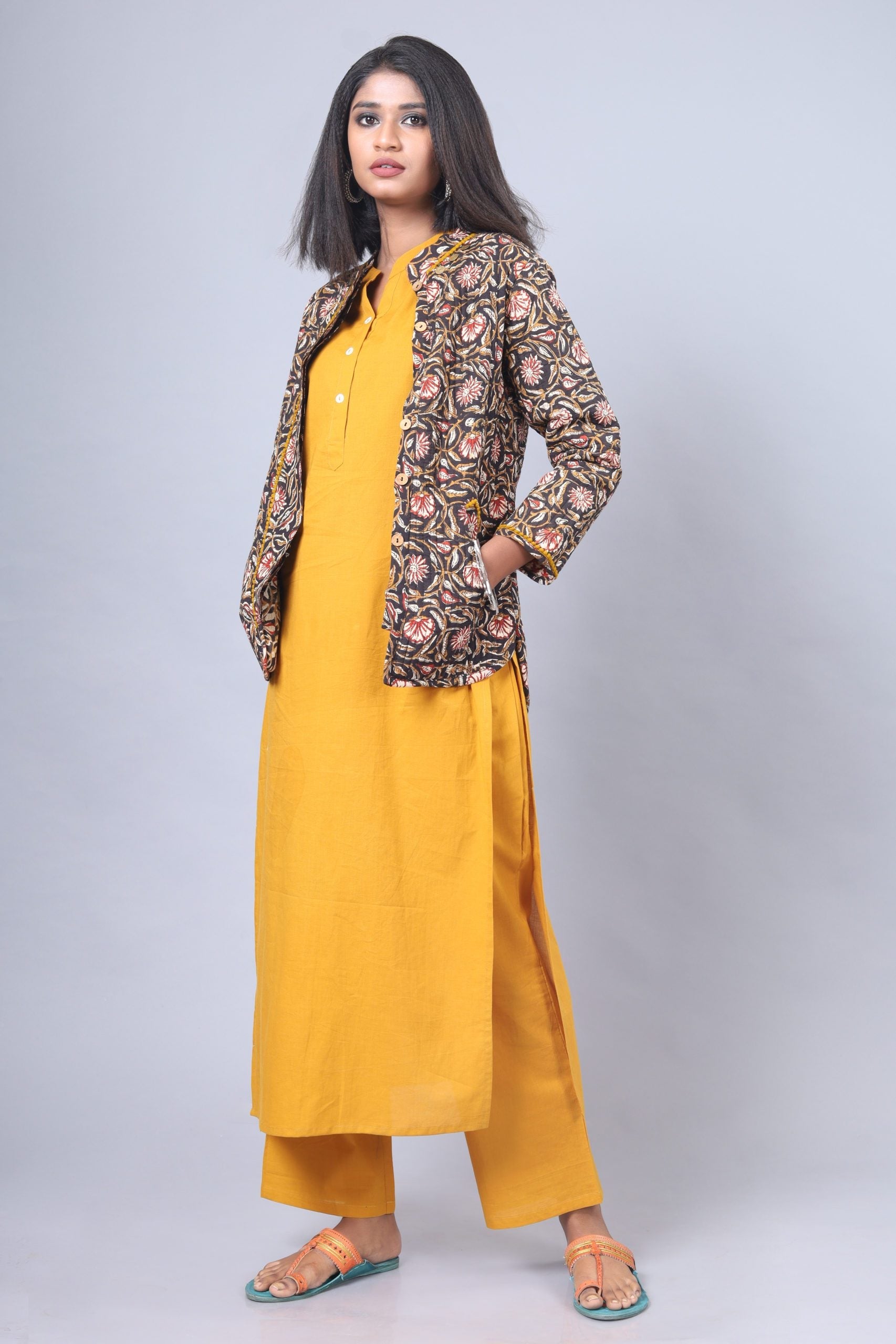 Soot Black With Honey Yellow Cotton Quilted Jacket