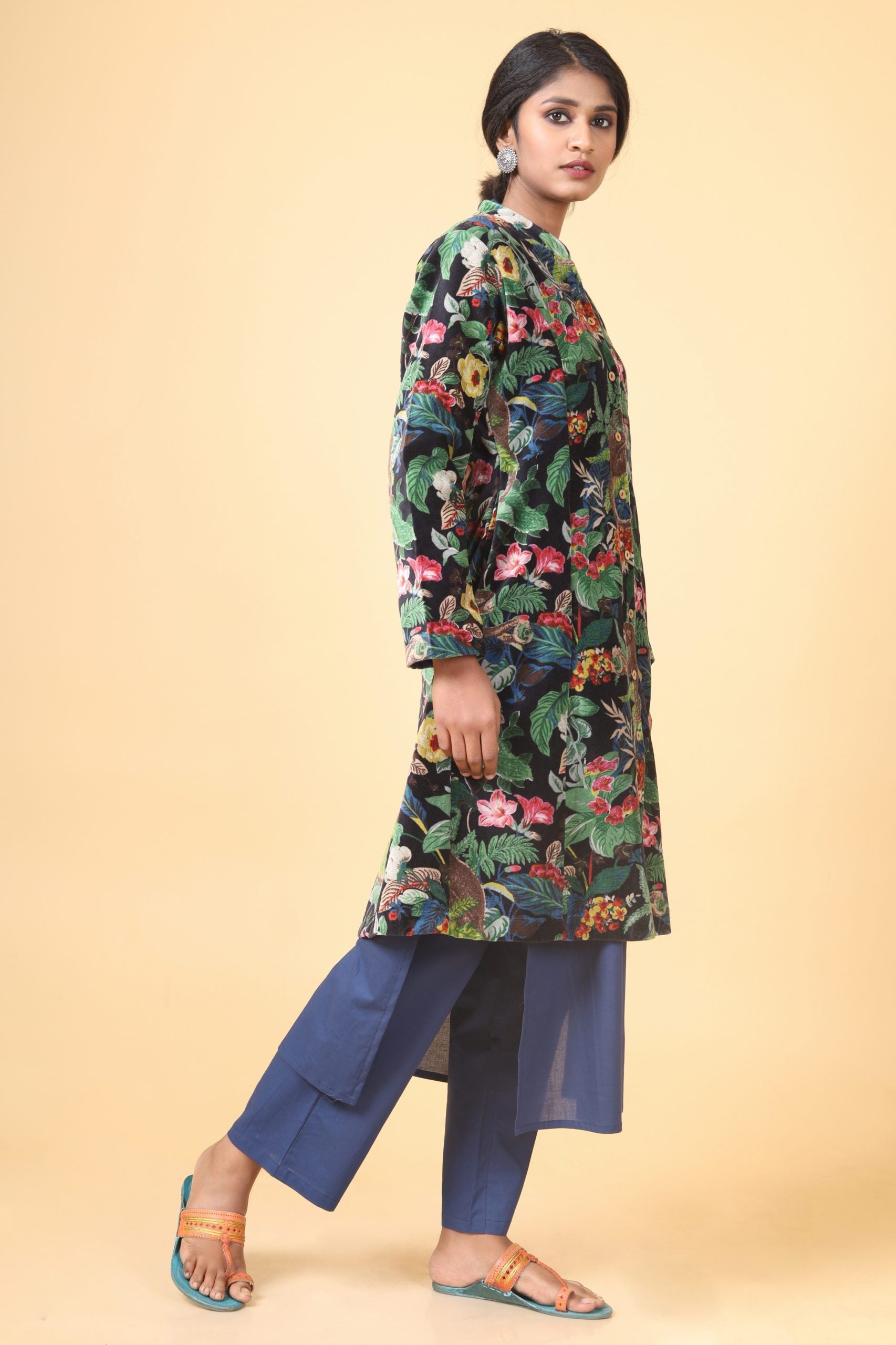 Jet Black Long Velvet Floral Forest Printed Velvet Coat