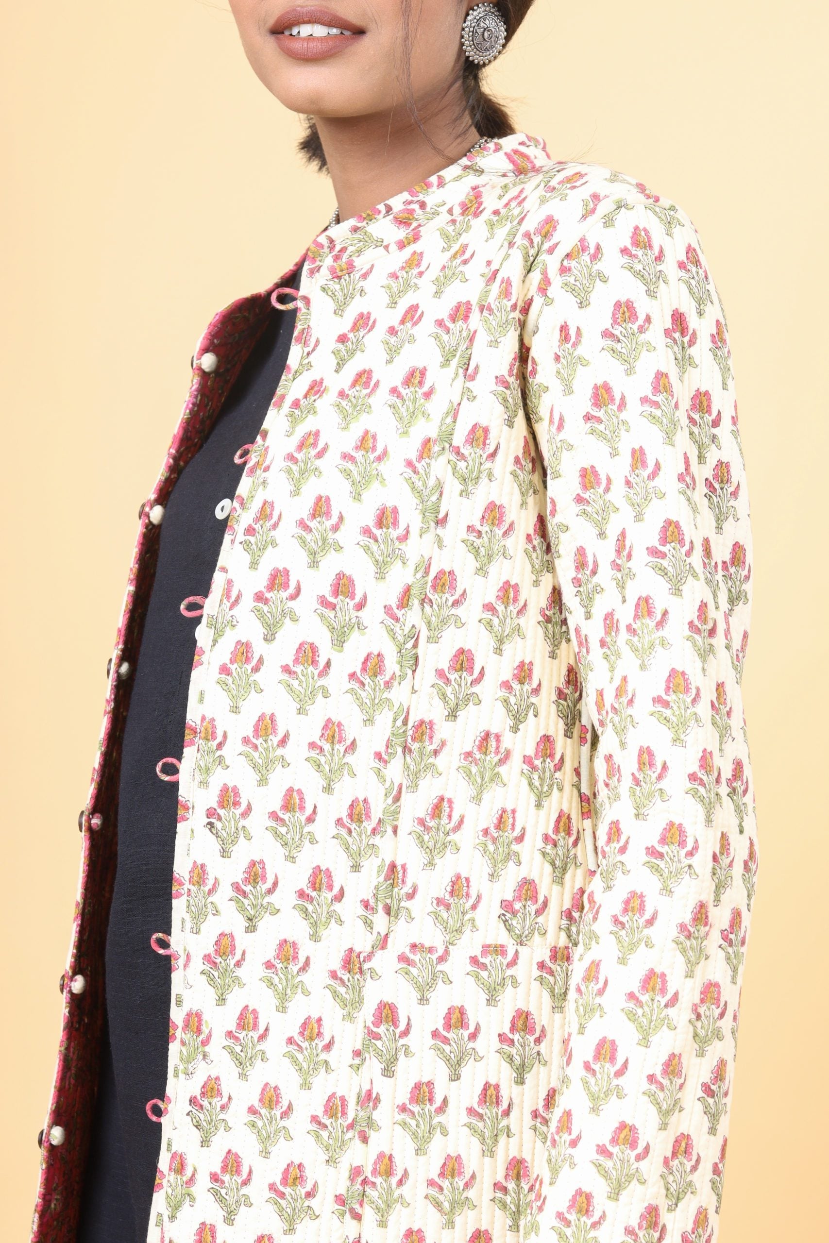 Punch Pink With Grass Green Cotton Quilted Jacket