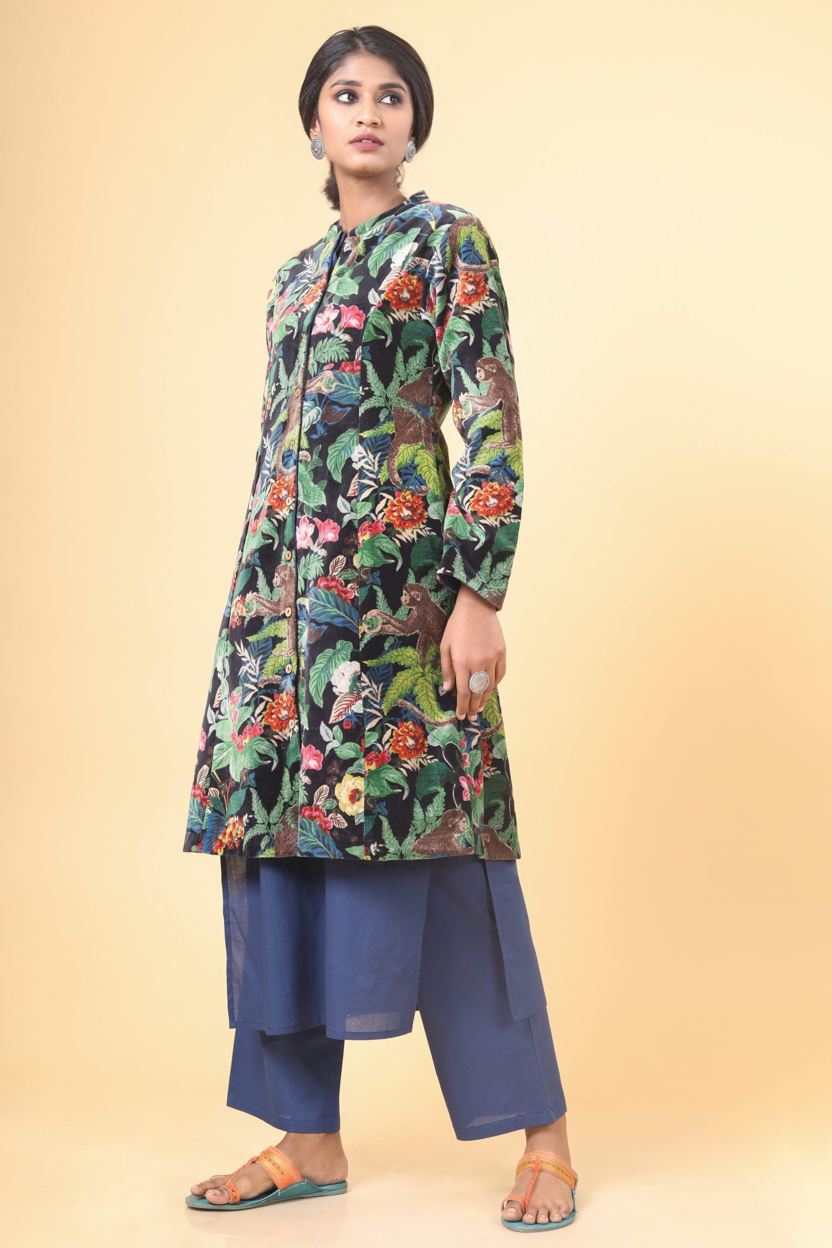 Jet Black Long Velvet Floral Forest Printed Velvet Coat