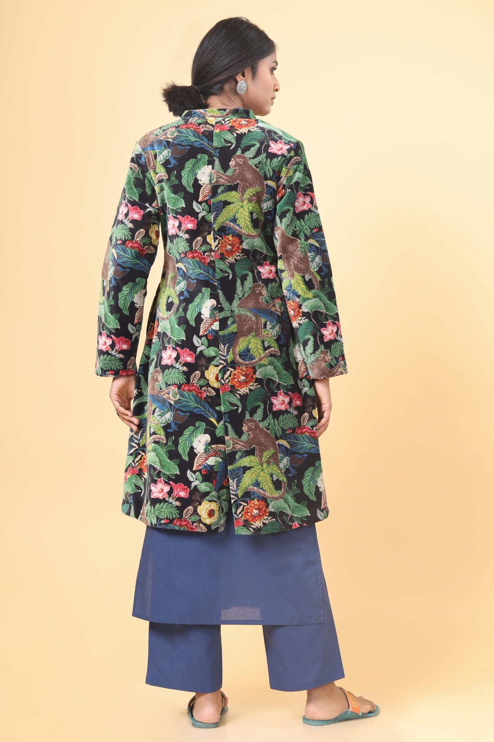 Jet Black Long Velvet Floral Forest Printed Velvet Coat