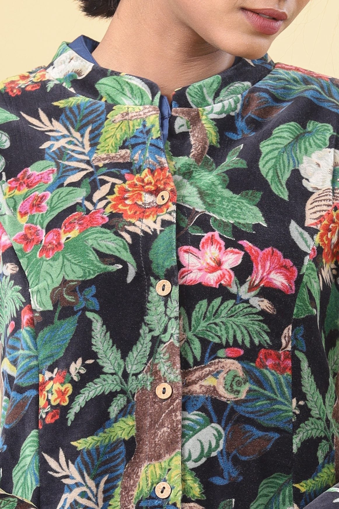 Jet Black Long Velvet Floral Forest Printed Velvet Coat