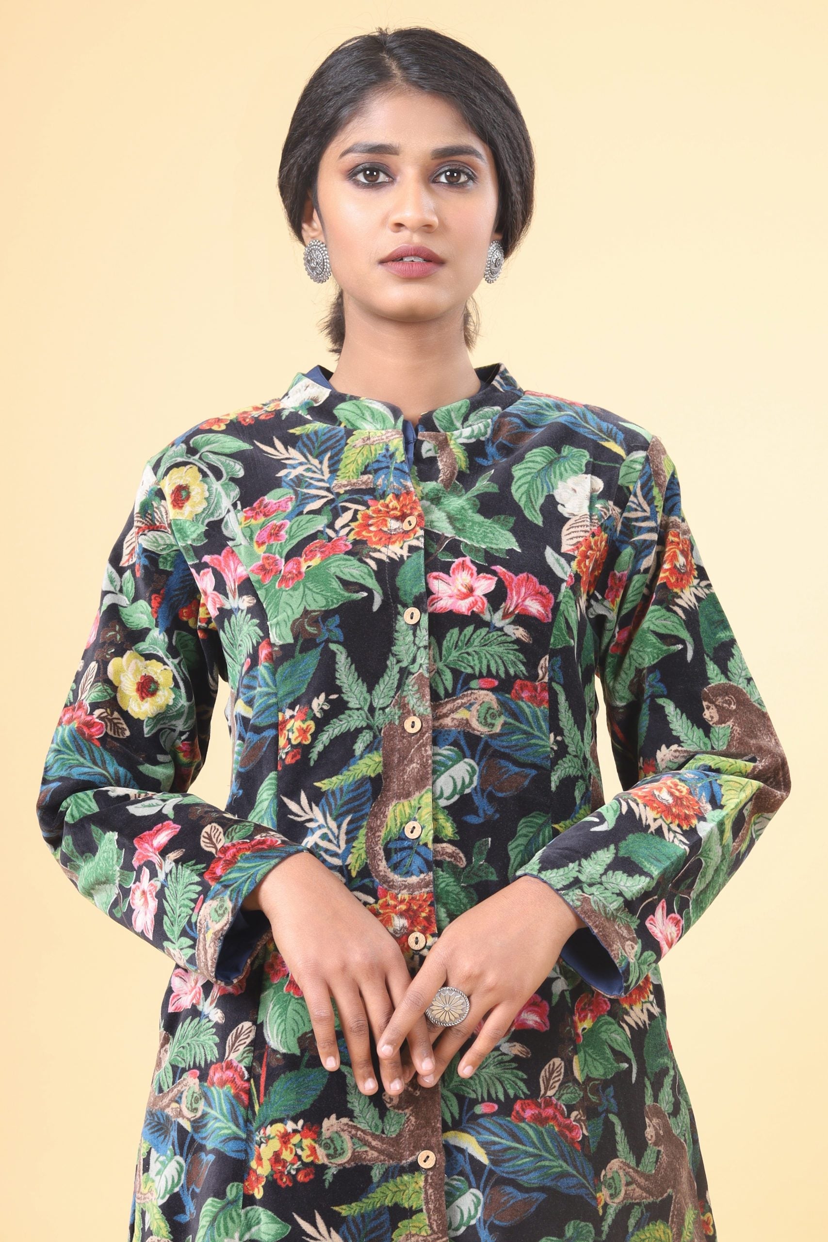 Jet Black Long Velvet Floral Forest Printed Velvet Coat