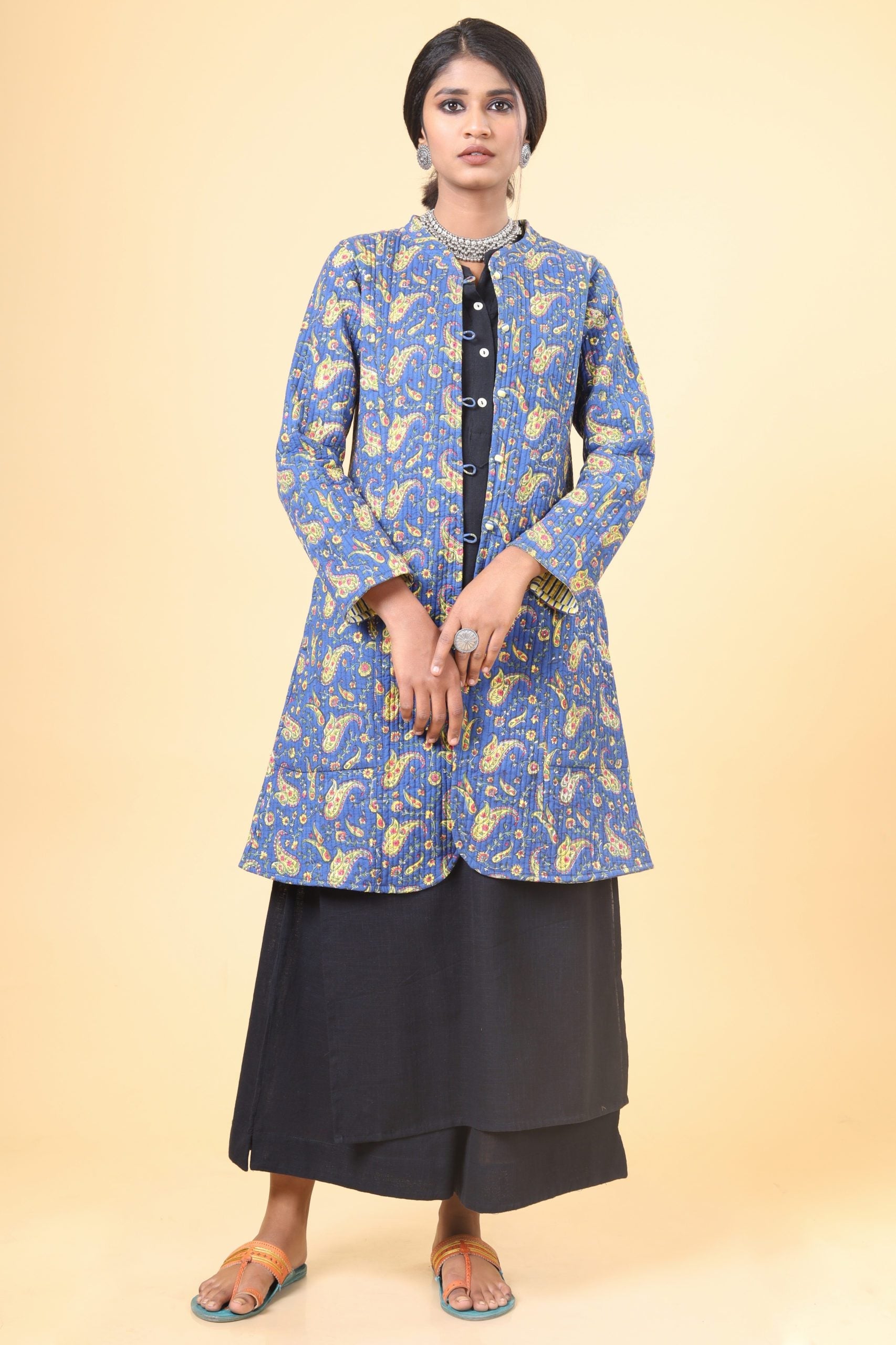 Azure Blue With Lemon Yellow Cotton Quilted Jacket