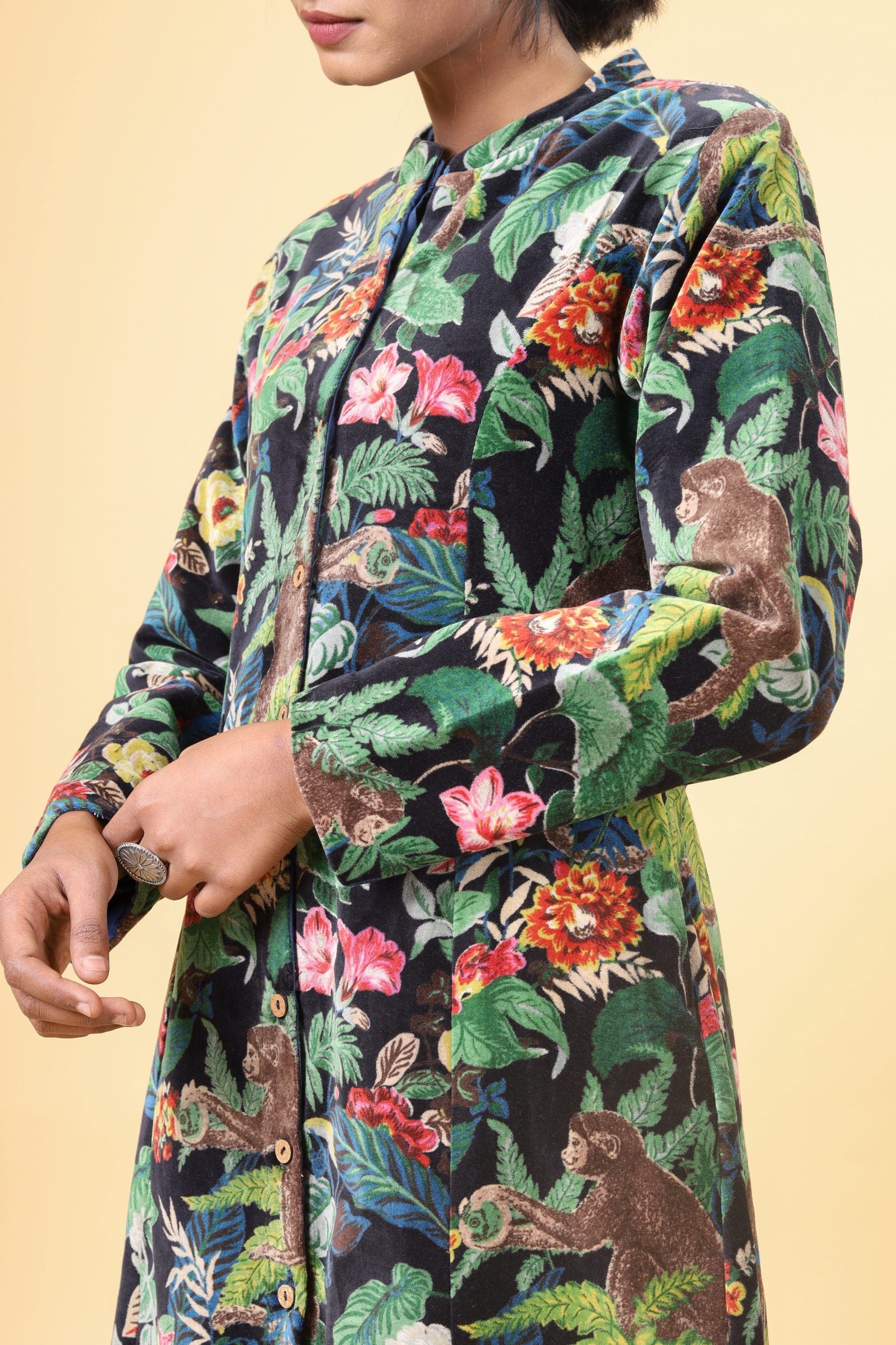 Jet Black Long Velvet Floral Forest Printed Velvet Coat