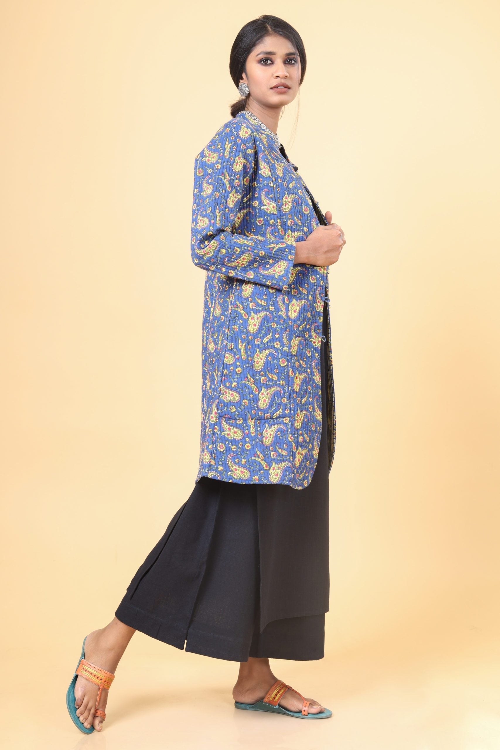 Azure Blue With Lemon Yellow Cotton Quilted Jacket