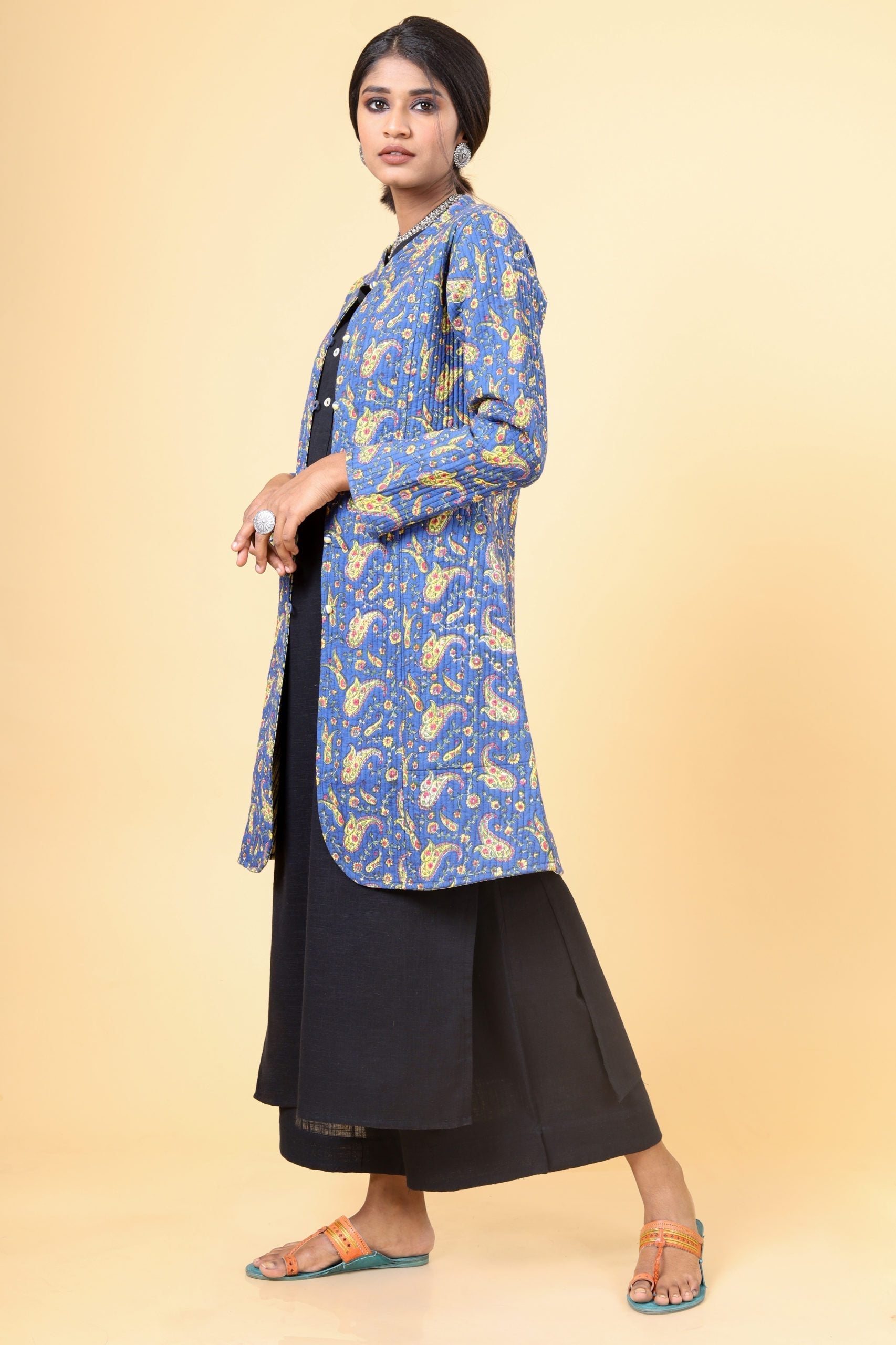 Azure Blue With Lemon Yellow Cotton Quilted Jacket