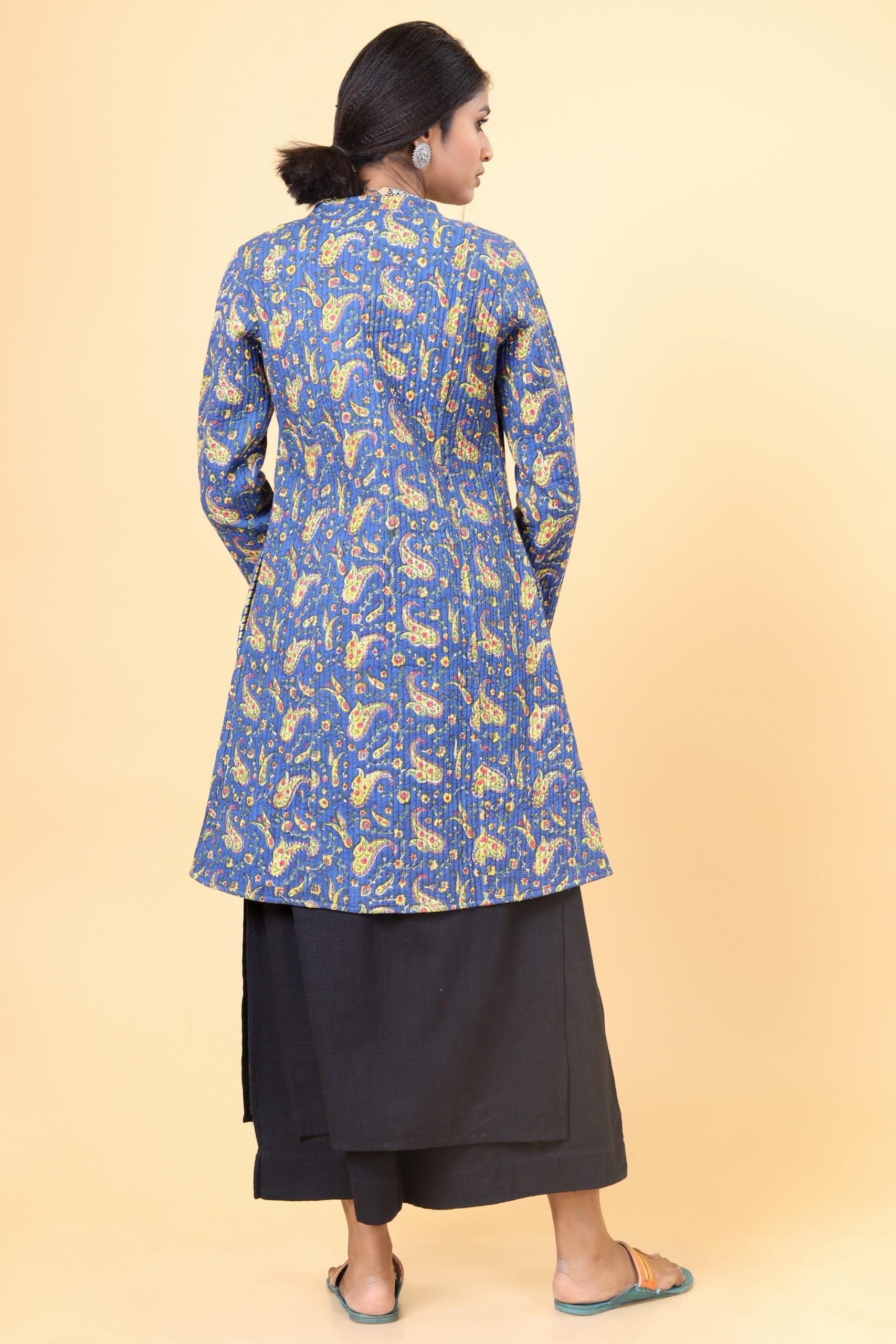 Azure Blue With Lemon Yellow Cotton Quilted Jacket