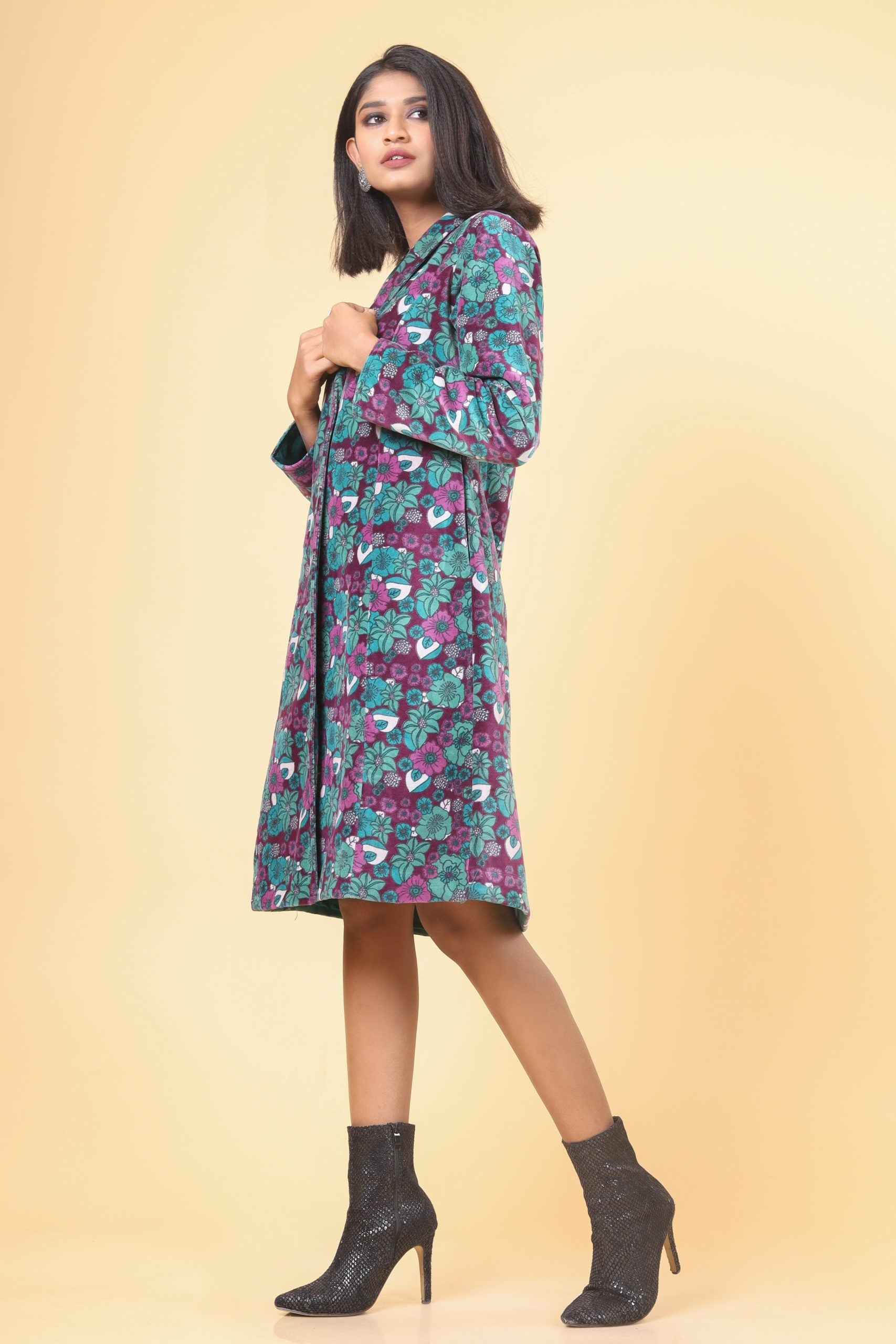 Pine green with mulberry collared long velvet jacket